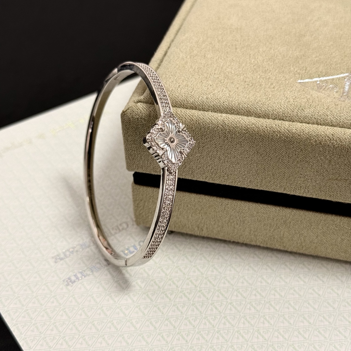 Van Cleef Arpels Alhambra bracelet silver-toned metal with clear diamond accents and rhodium-finished floral motif 17cm