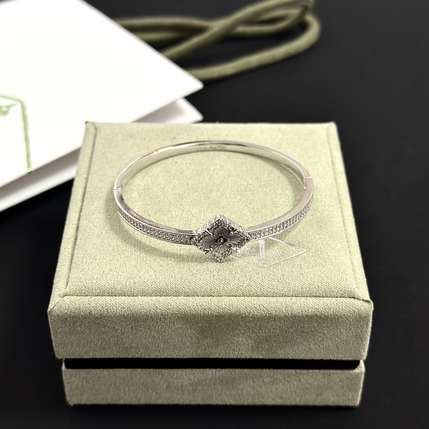 Van Cleef Arpels Alhambra bracelet silver-toned metal with clear diamond accents and rhodium-finished floral motif 17cm