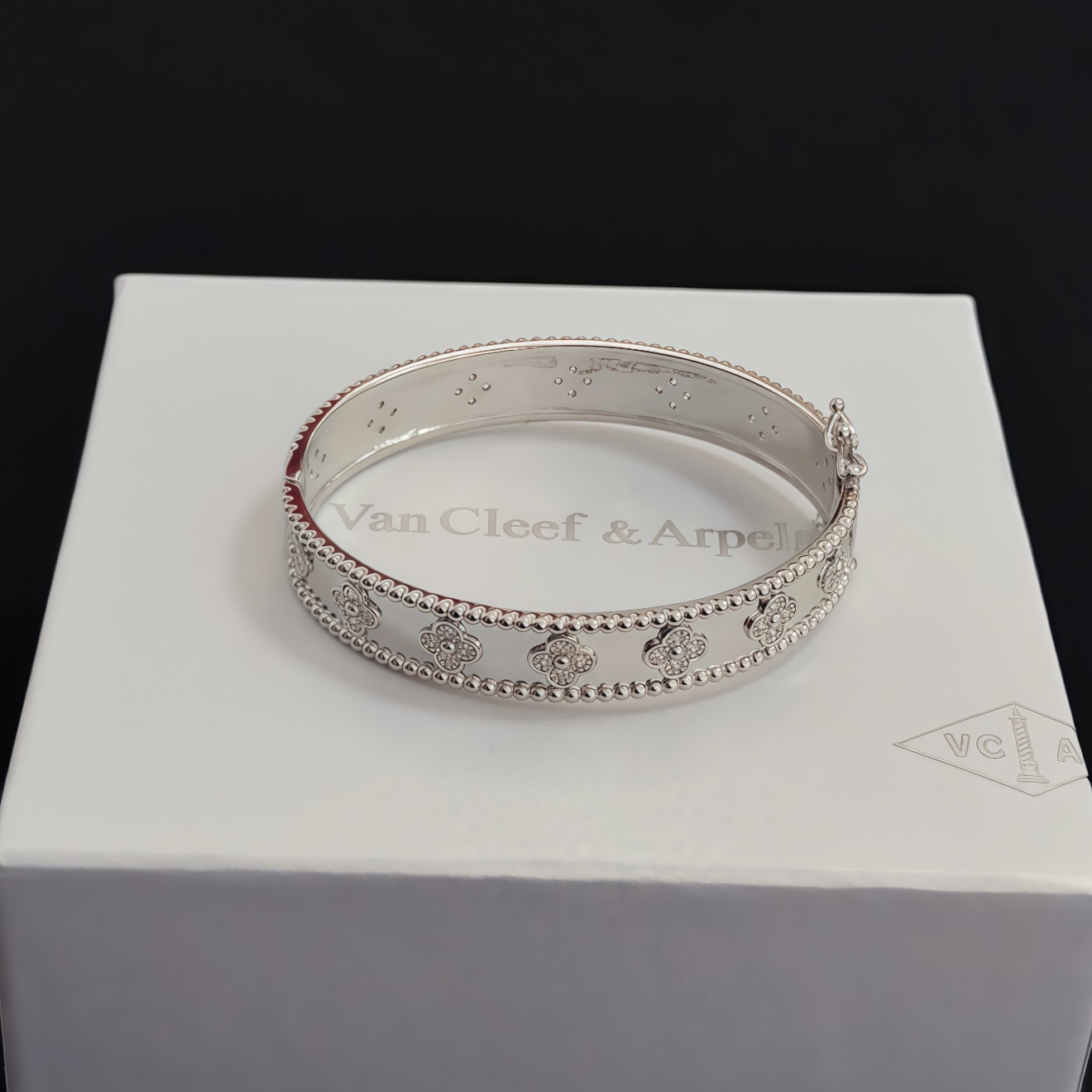 Van Cleef Arpels Perlee Sweet Clovers bracelet 18k white gold with diamond accents 17cm inner circumference