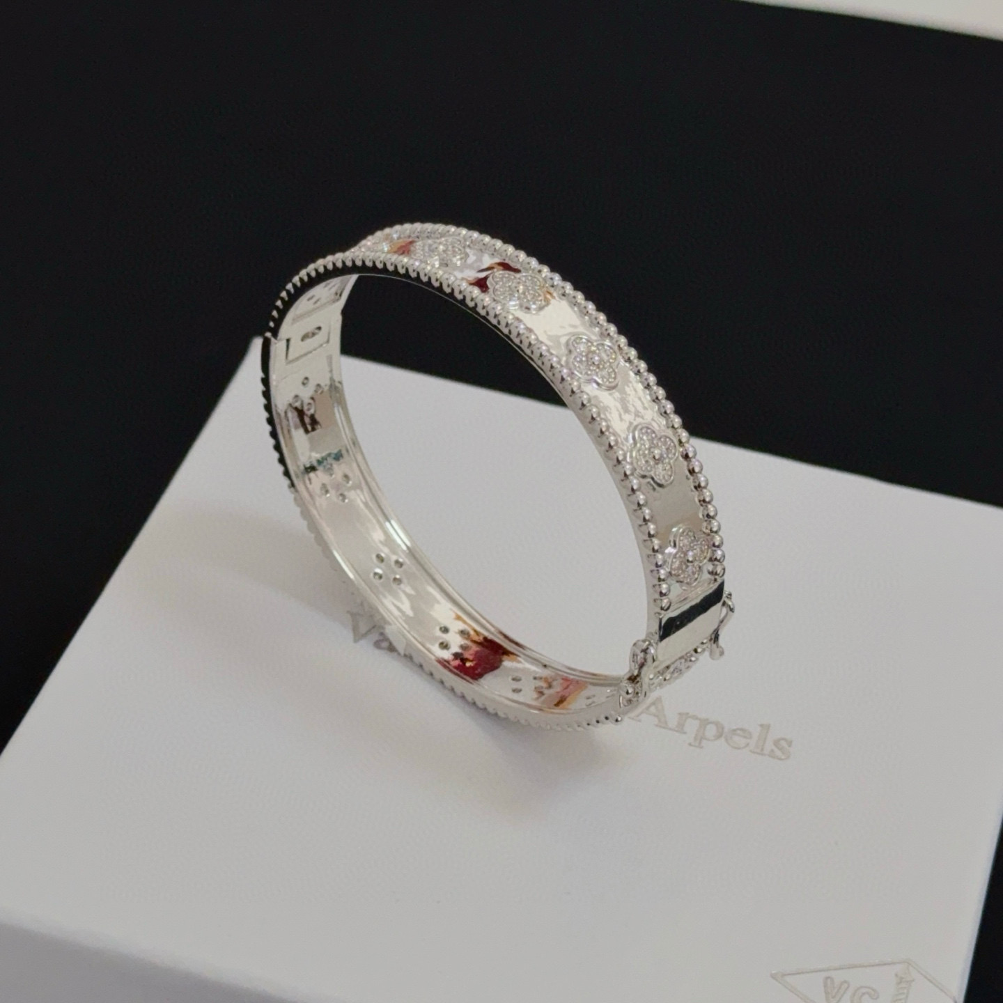 Van Cleef Arpels Perlee Sweet Clovers bracelet 18k white gold with diamond accents 17cm inner circumference