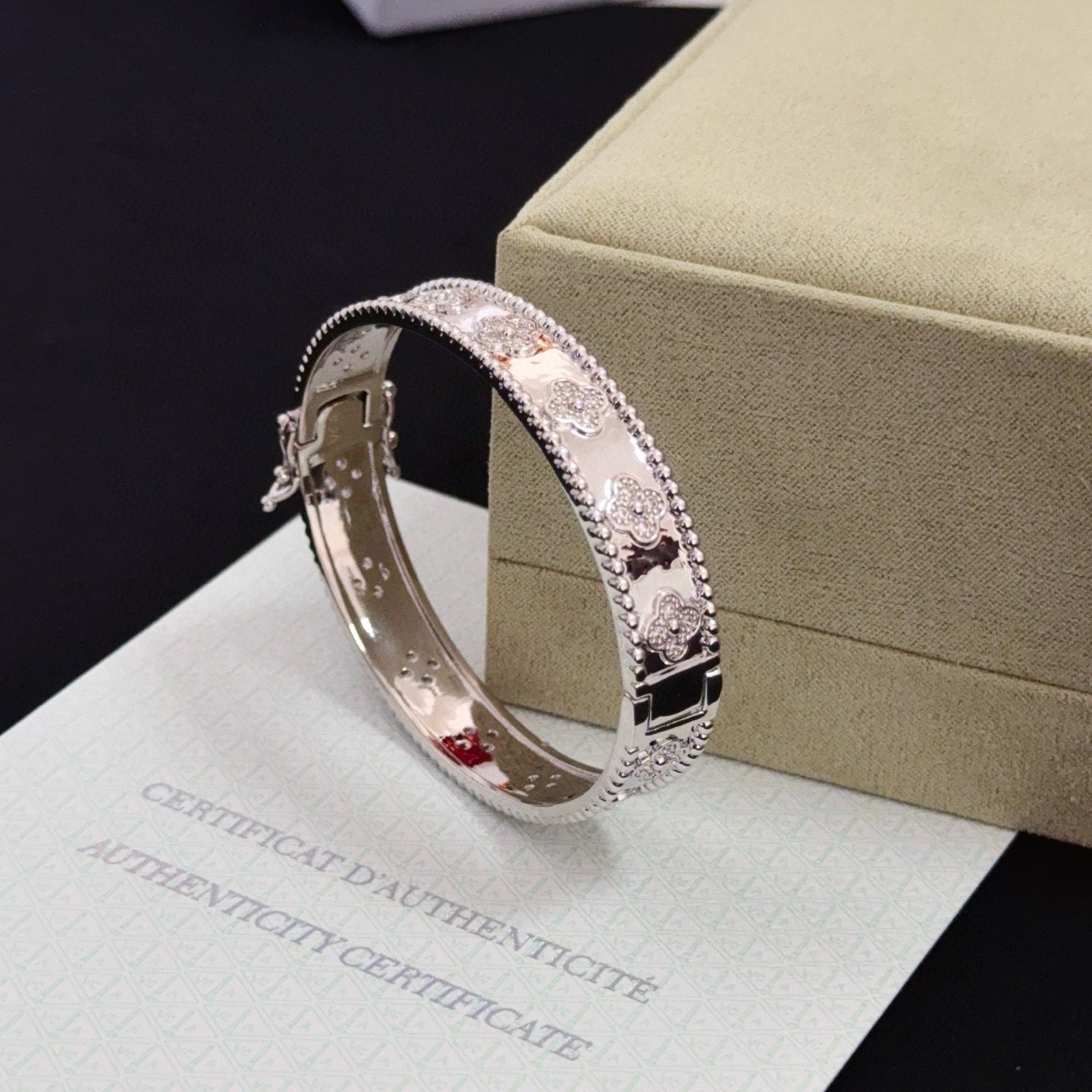 Van Cleef Arpels Perlee Sweet Clovers bracelet 18k white gold with diamond accents 17cm inner circumference