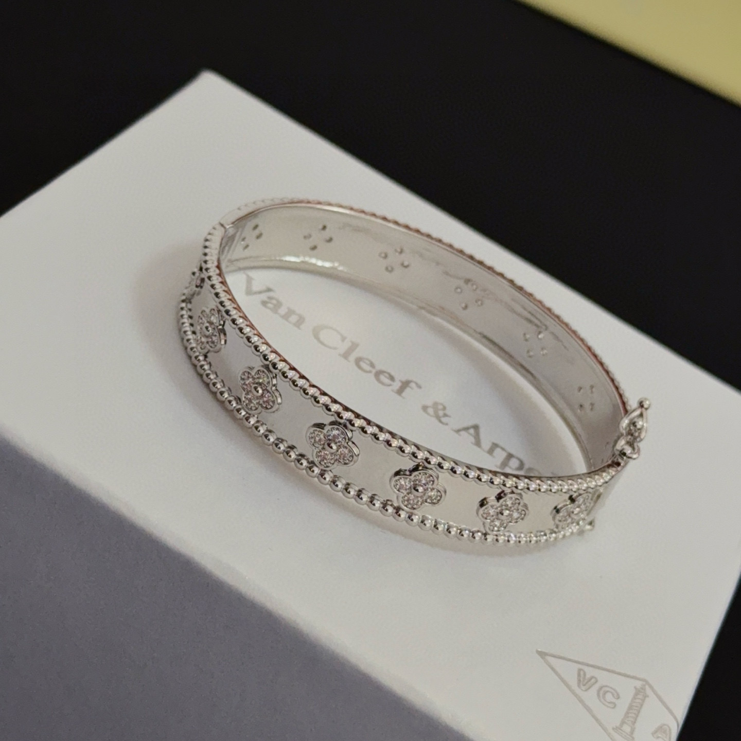 Van Cleef Arpels Perlee Sweet Clovers bracelet 18k white gold with diamond accents 17cm inner circumference