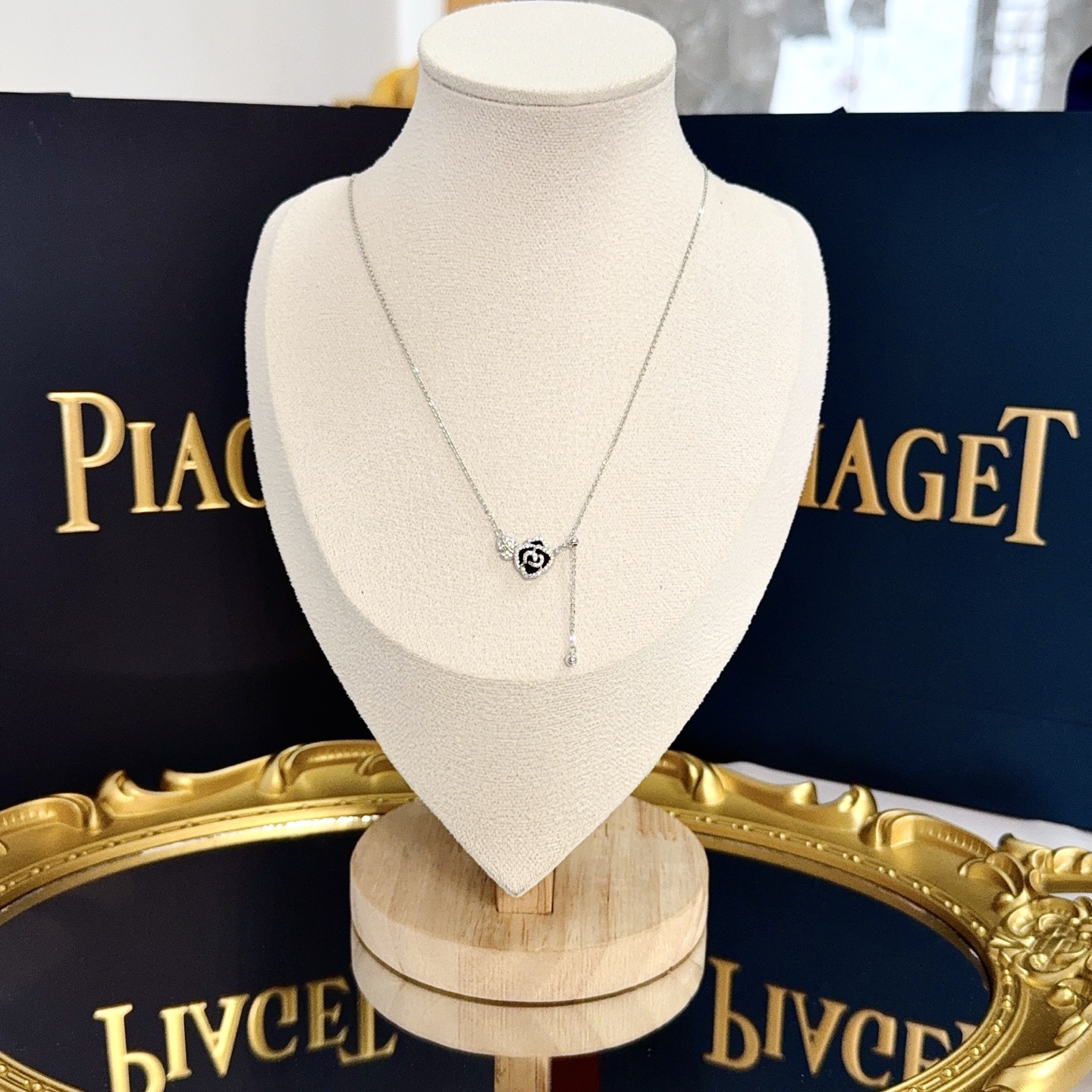 Piaget Rose necklace silver-toned white gold with clear diamond accents and black enamel 42cm adjustable