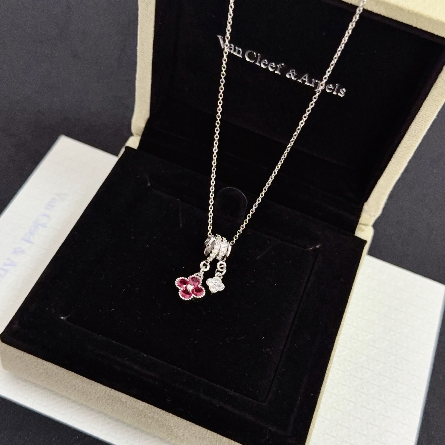 Van Cleef Arpels Alhambra Lucky Charms Pendant Necklace necklace silver-toned white gold with white diamonds and ruby red gemstones 42cm