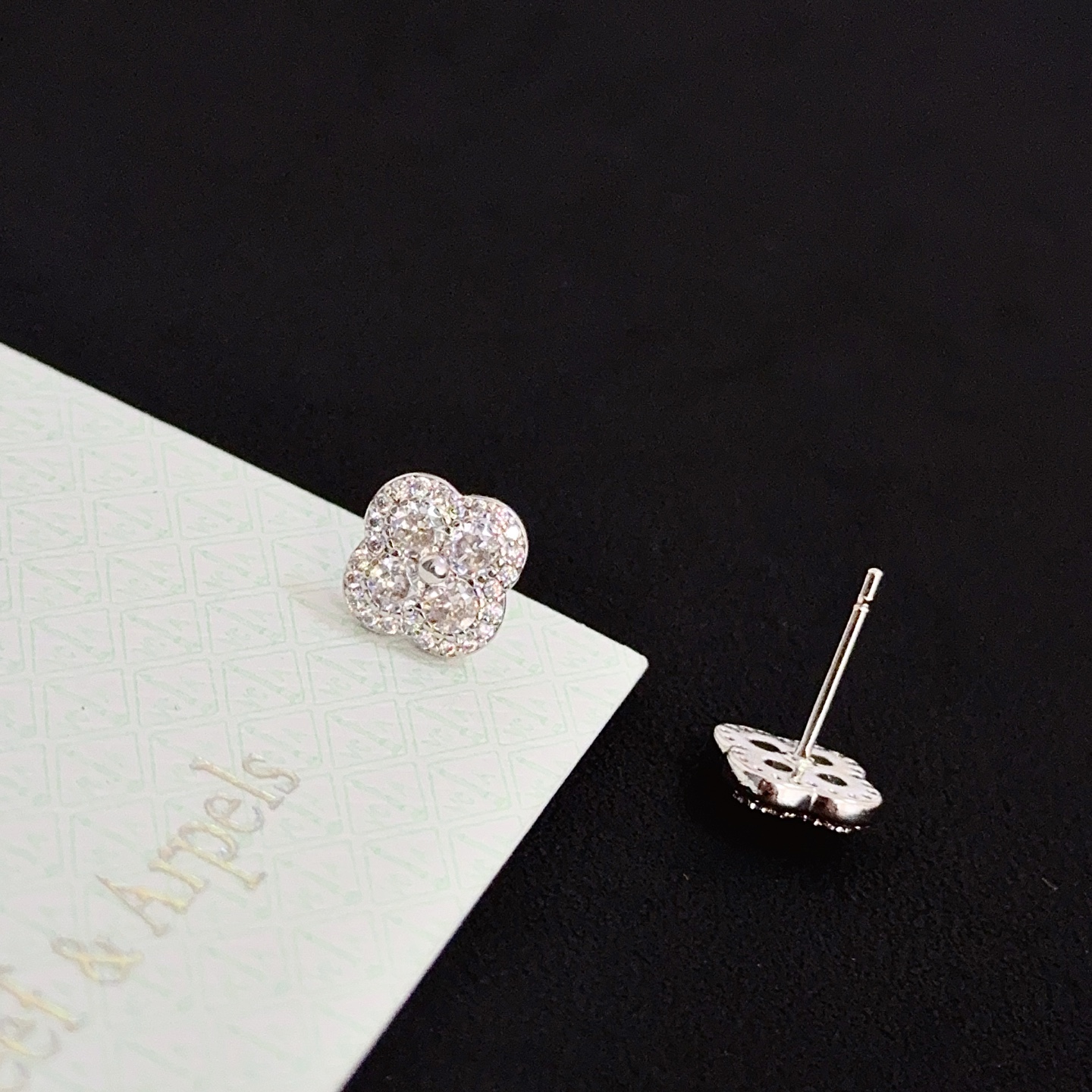 Van Cleef Arpels Alhambra earrings white gold metal with clear diamond stones 8mm stud diameter