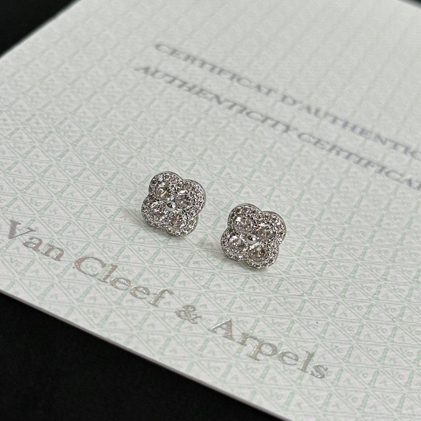 Van Cleef Arpels Alhambra earrings white gold metal with clear diamond stones 8mm stud diameter