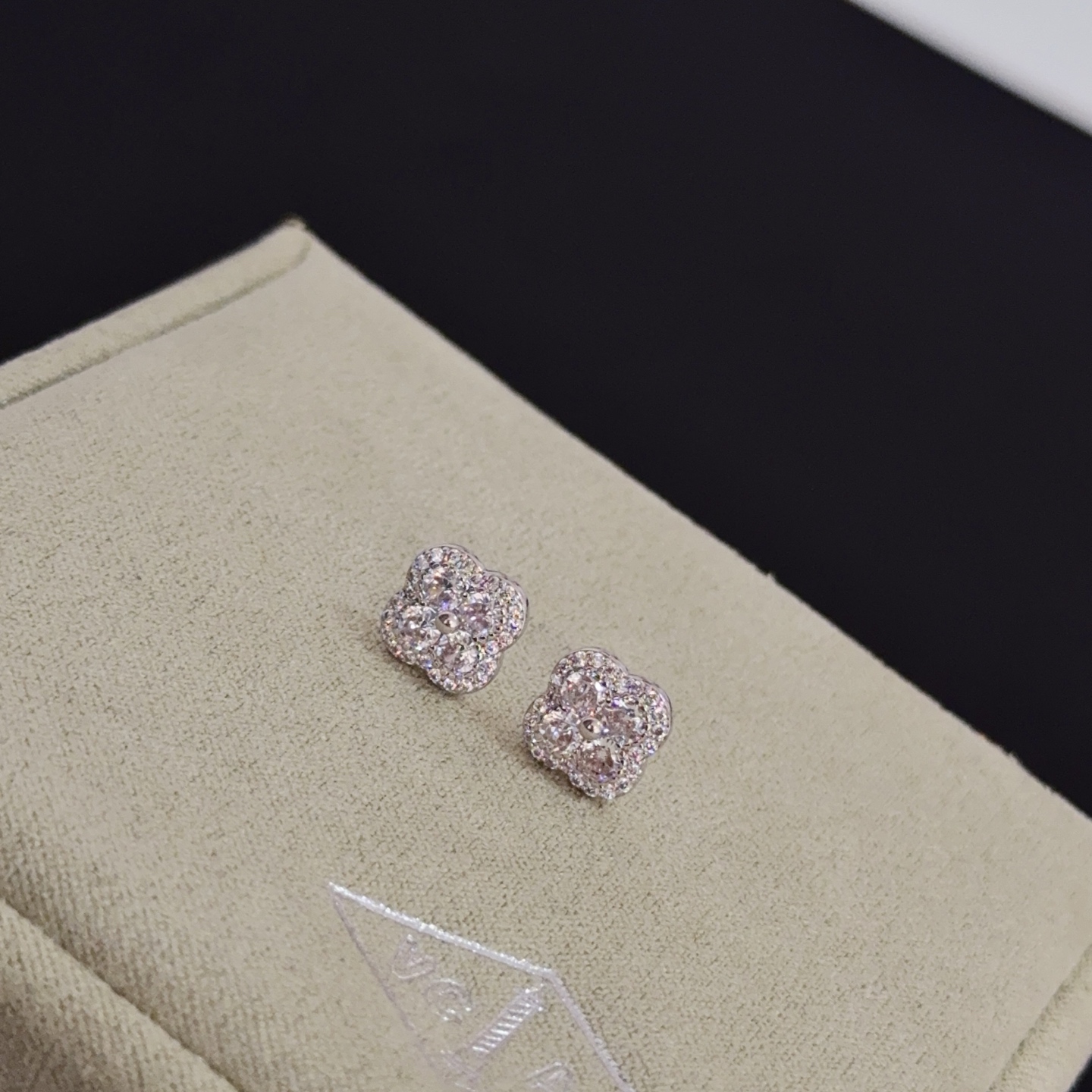Van Cleef Arpels Alhambra earrings white gold metal with clear diamond stones 8mm stud diameter