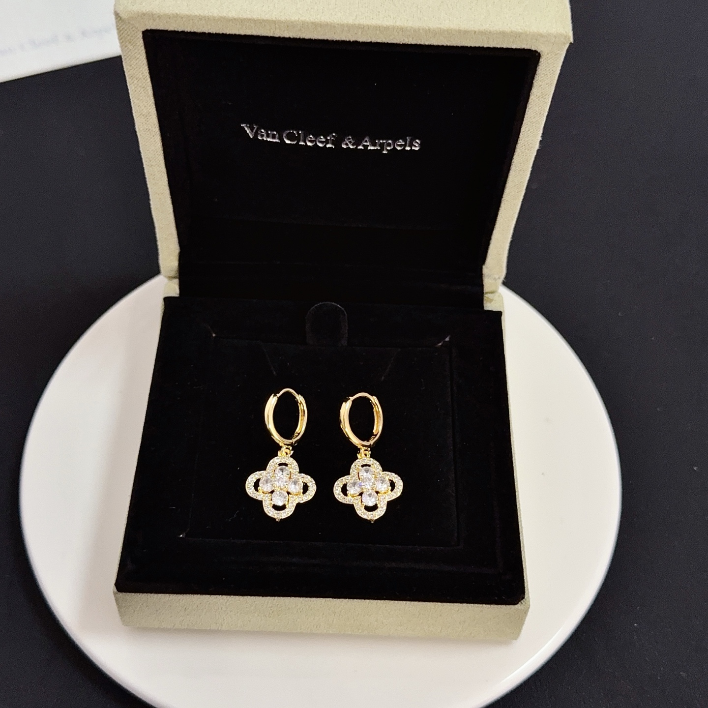 Van Cleef Arpels Alhambra earrings yellow gold metal clear diamond stones 12mm hoop diameter 10mm charm length