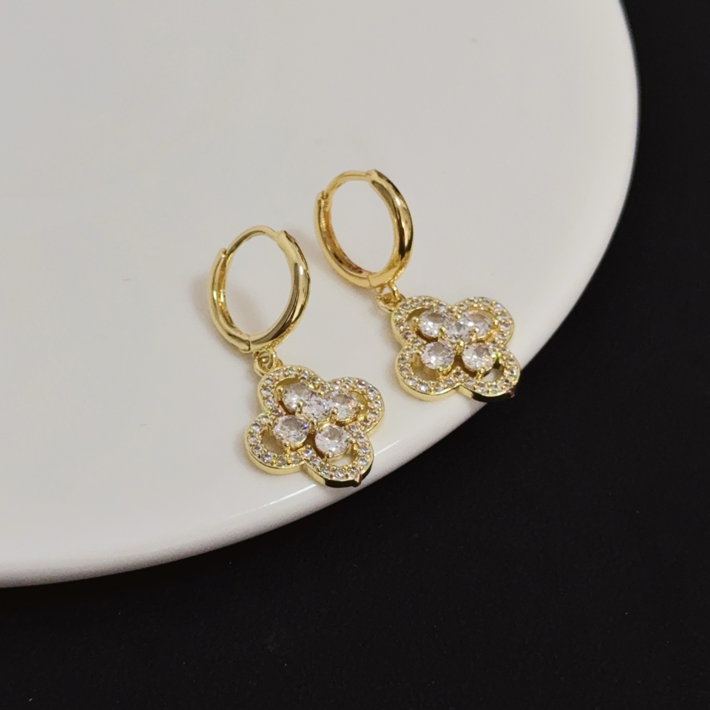 Van Cleef Arpels Alhambra earrings yellow gold metal clear diamond stones 12mm hoop diameter 10mm charm length