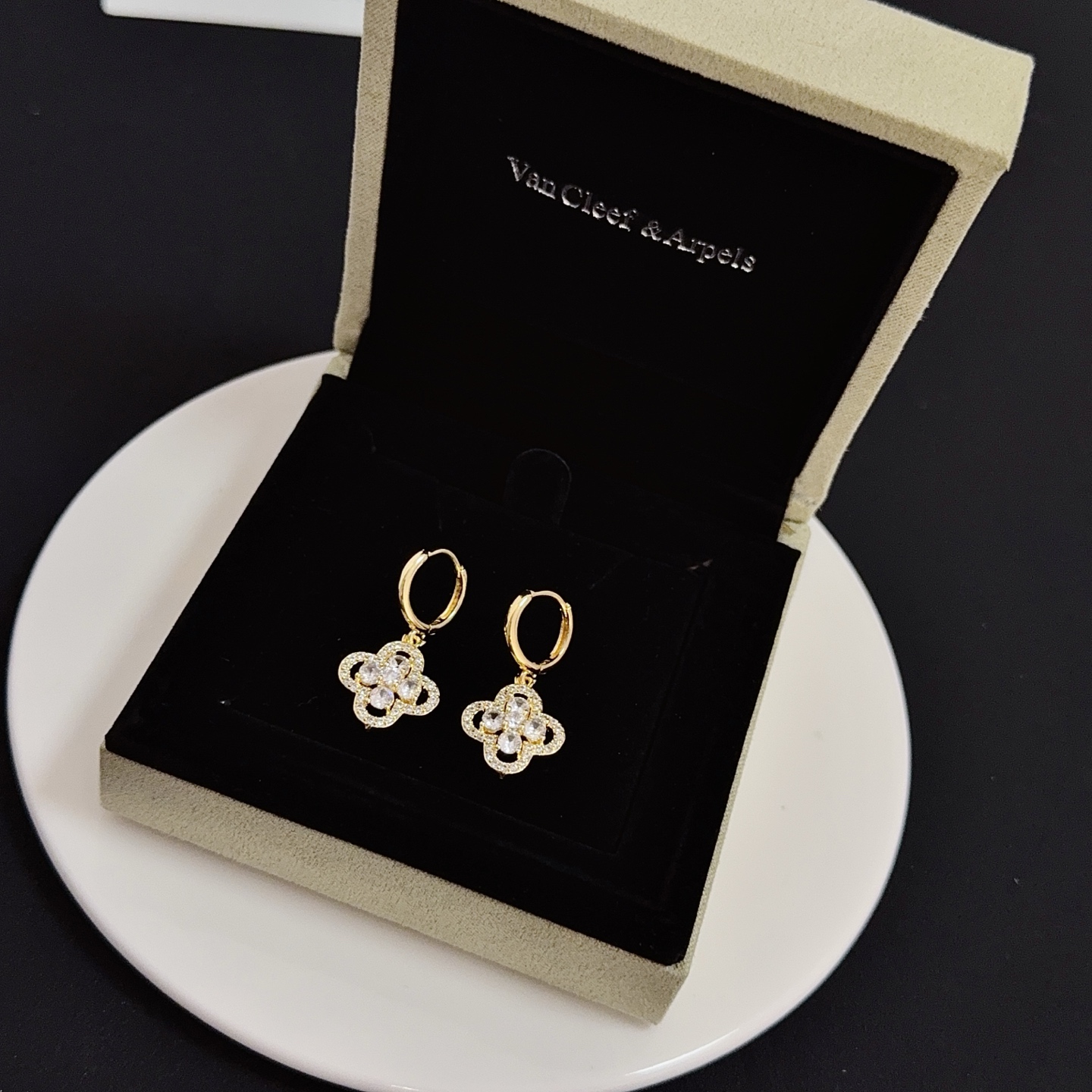 Van Cleef Arpels Alhambra earrings yellow gold metal clear diamond stones 12mm hoop diameter 10mm charm length