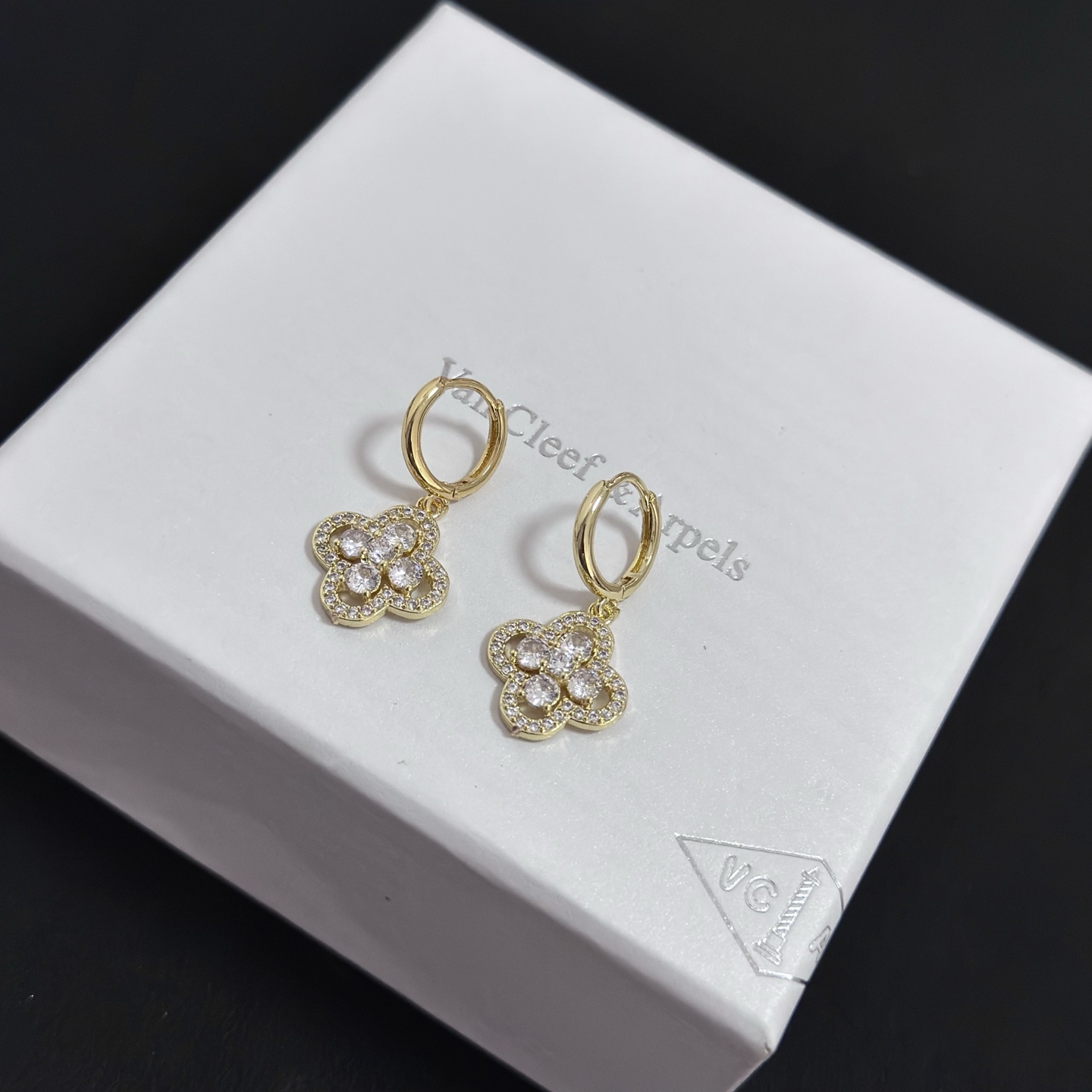 Van Cleef Arpels Alhambra earrings yellow gold metal clear diamond stones 12mm hoop diameter 10mm charm length