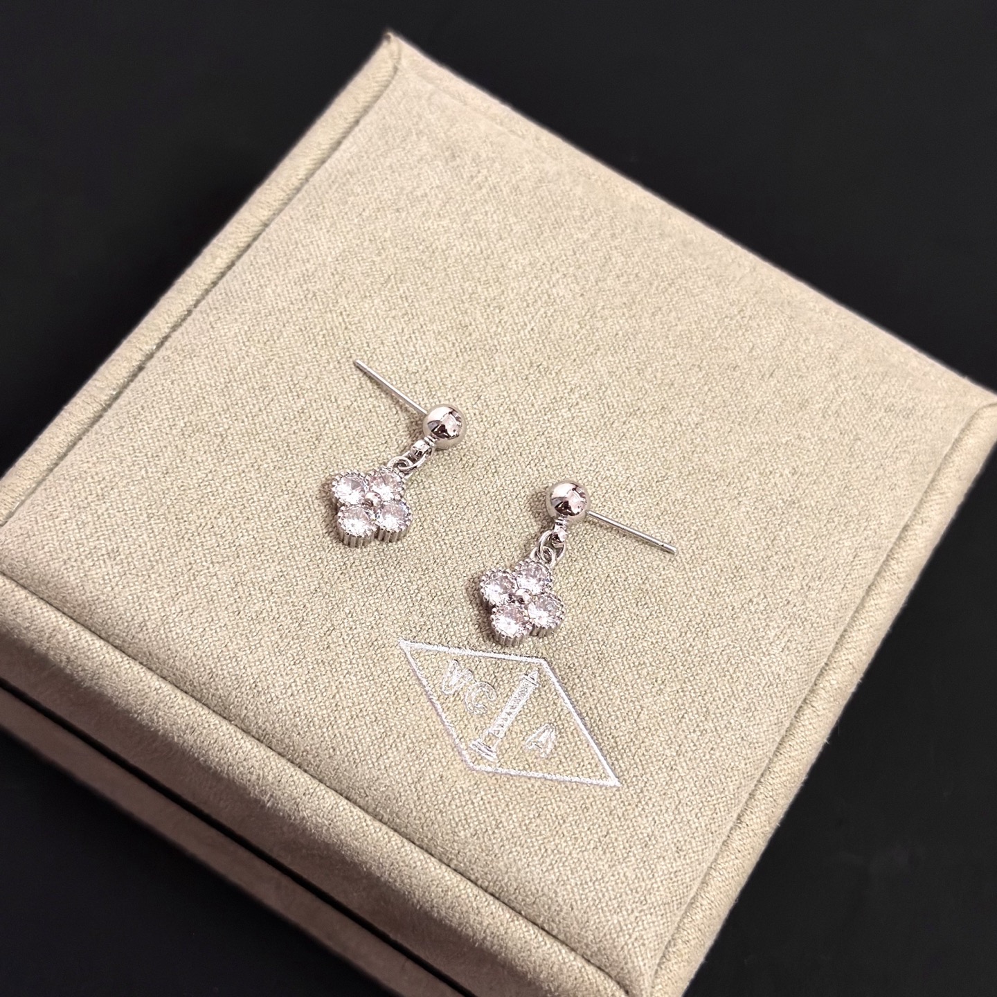 Van Cleef Arpels Alhambra earrings silver-toned white gold metal with clear diamond accents 10mm pendant drop