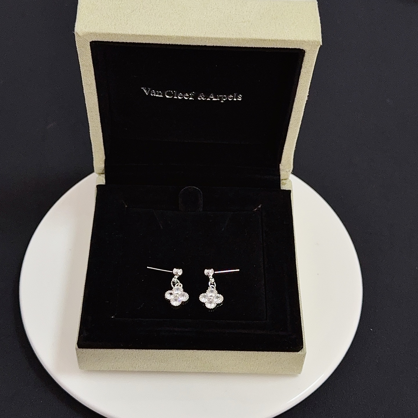 Van Cleef Arpels Alhambra earrings silver-toned white gold metal with clear diamond accents 10mm pendant drop