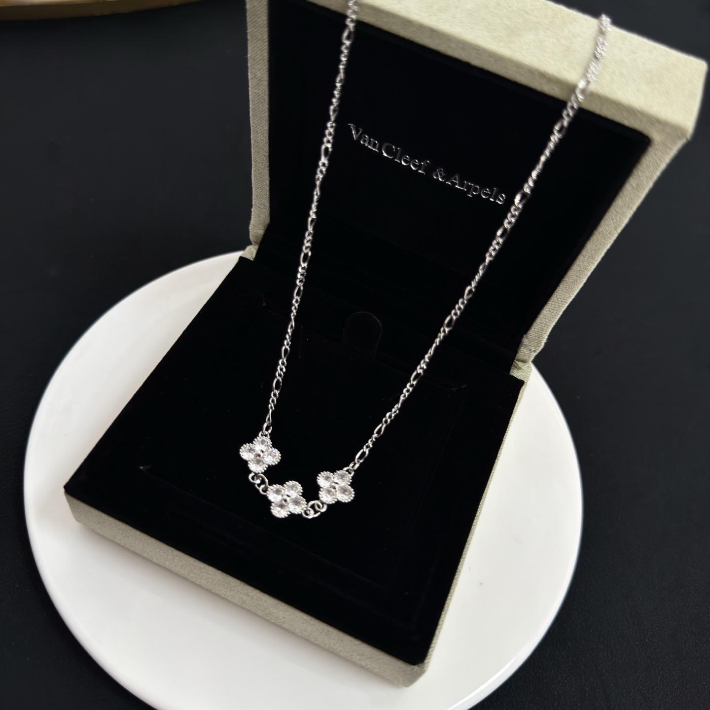 Van Cleef Arpels Alhambra necklace silver white gold with clear diamond accents 42cm