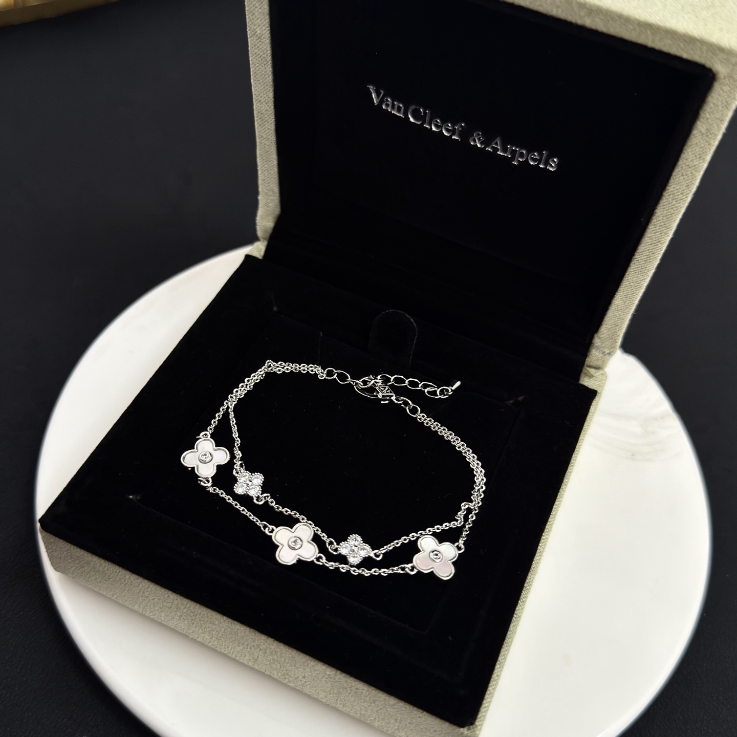 Van Cleef Arpels Alhambra bracelet silver-toned metal white mother-of-pearl clear diamond accents 17cm with 3cm extender