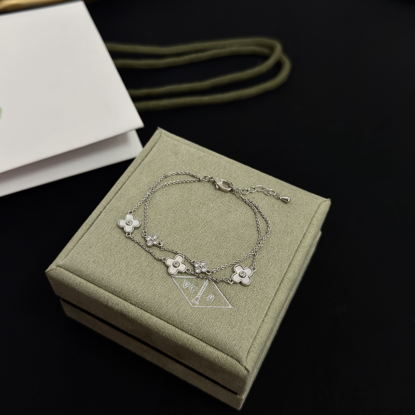 Van Cleef Arpels Alhambra bracelet silver-toned metal white mother-of-pearl clear diamond accents 17cm with 3cm extender