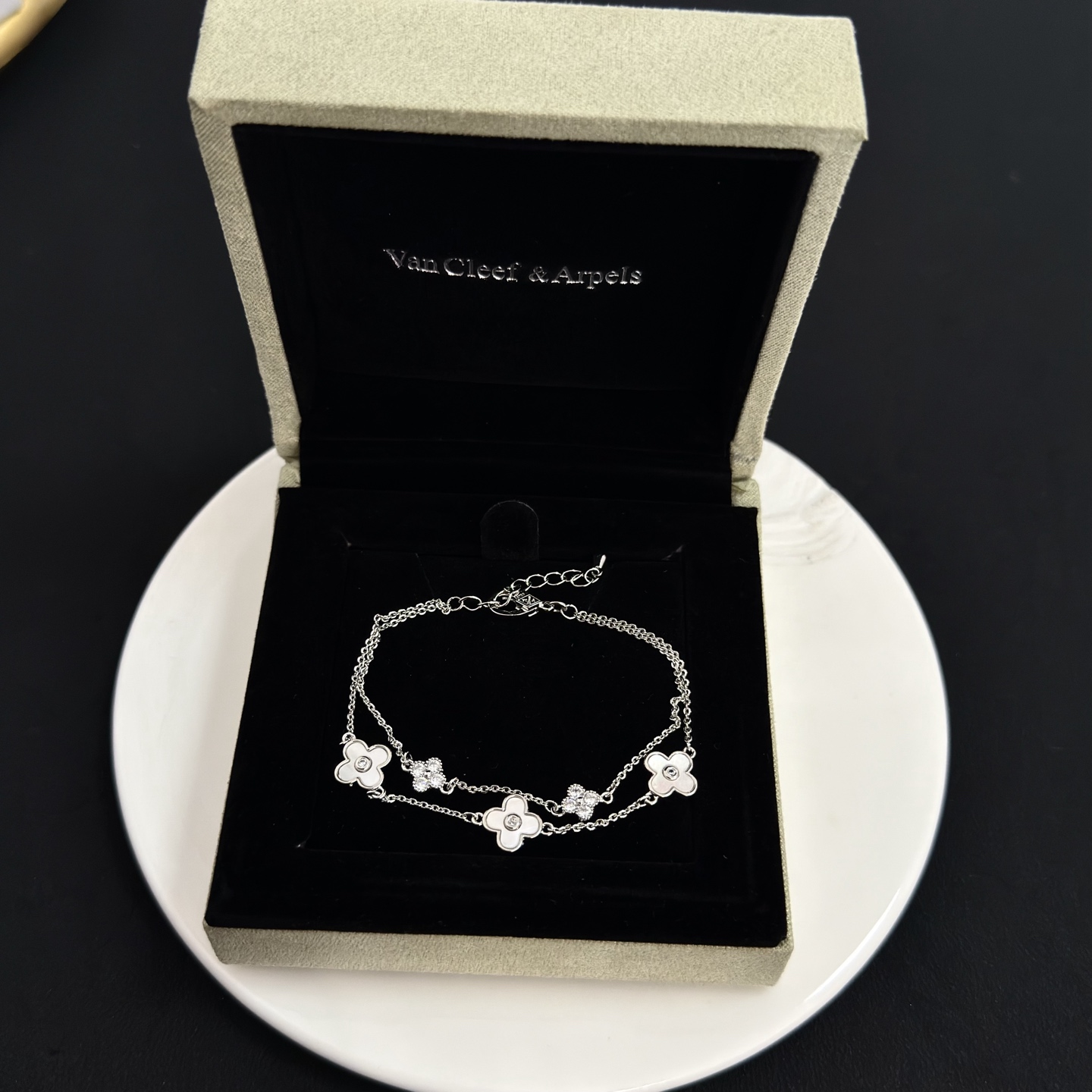 Van Cleef Arpels Alhambra bracelet silver-toned metal white mother-of-pearl clear diamond accents 17cm with 3cm extender