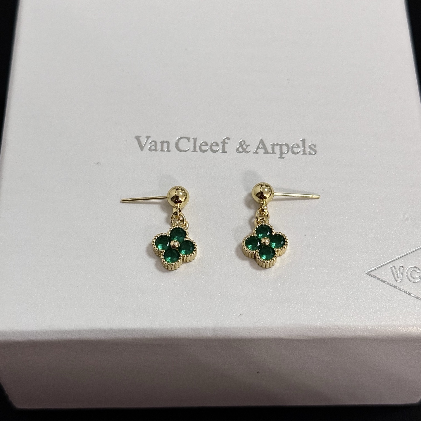 Van Cleef Arpels Alhambra earrings yellow gold metal with emerald green gemstones 10mm pendant drop