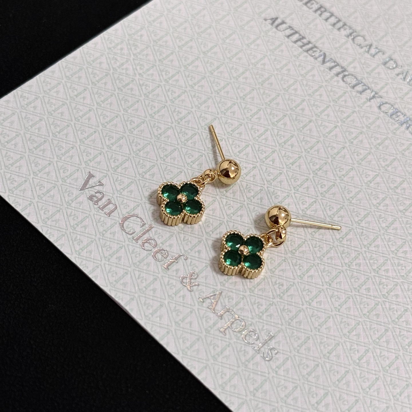 Van Cleef Arpels Alhambra earrings yellow gold metal with emerald green gemstones 10mm pendant drop
