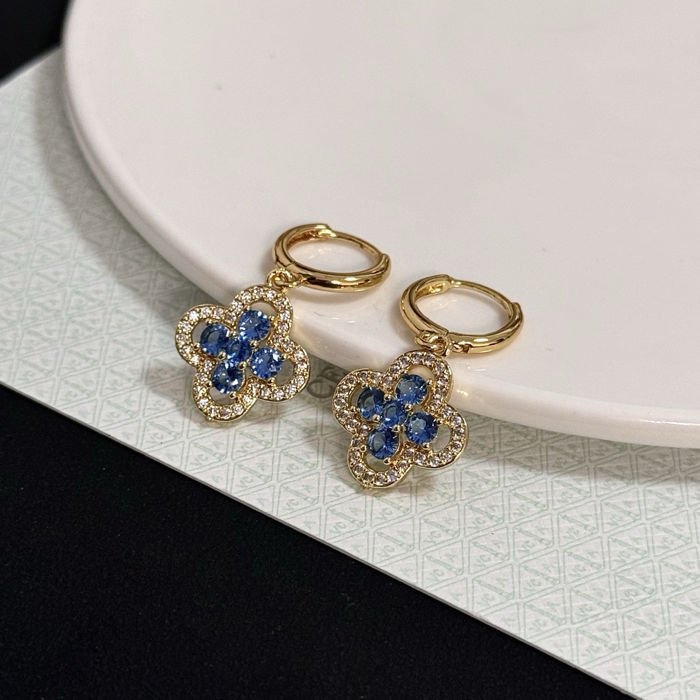 Van Cleef Arpels Alhambra earrings yellow gold metal blue gemstones white diamond accents 12mm hoop diameter 10mm pendant drop