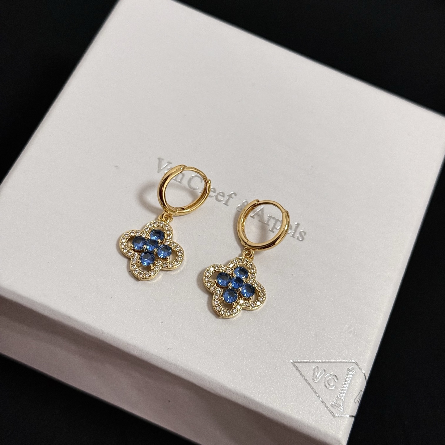Van Cleef Arpels Alhambra earrings yellow gold metal blue gemstones white diamond accents 12mm hoop diameter 10mm pendant drop