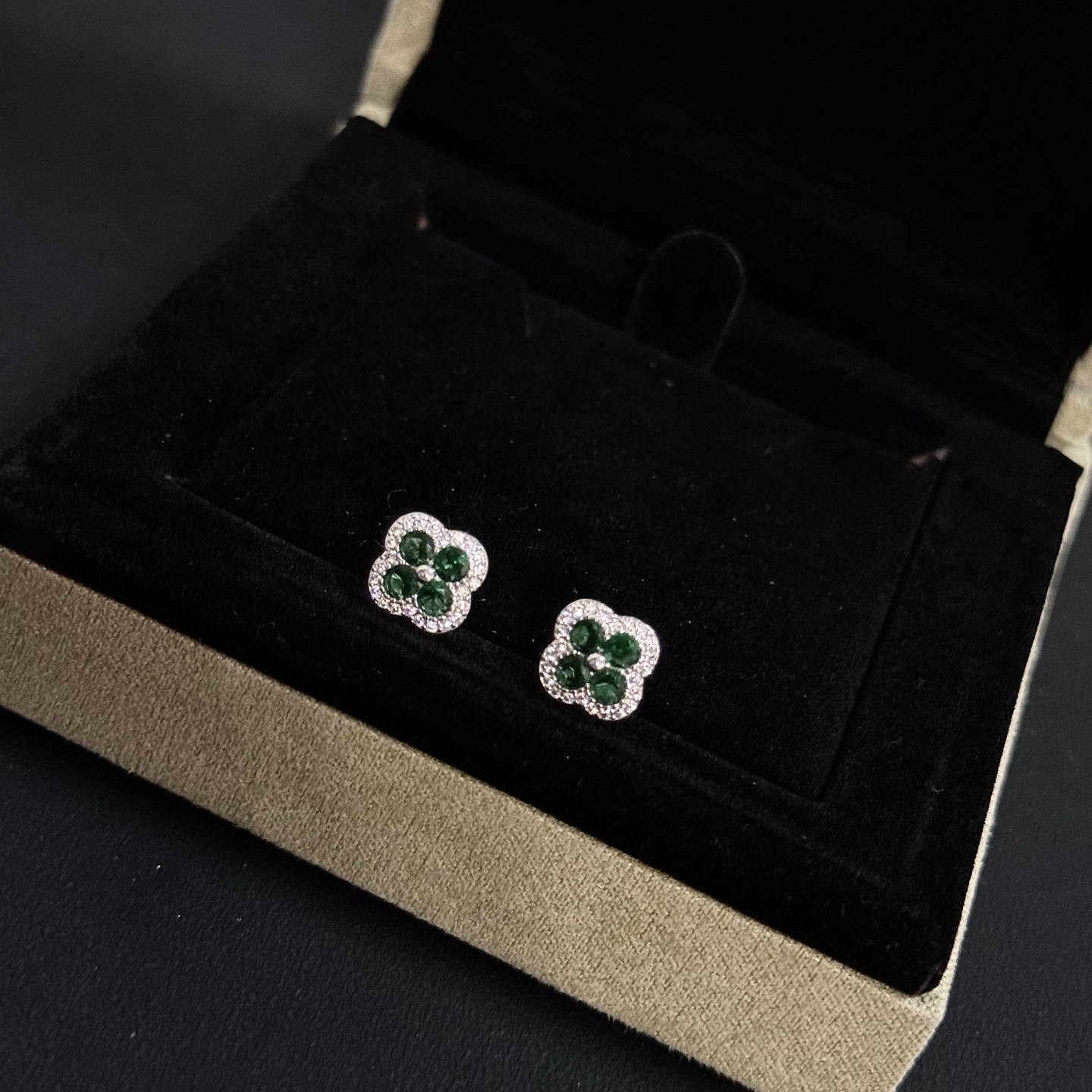 Van Cleef Arpels Alhambra earrings white gold metal with green gemstones and white diamond accents 8mm stud diameter