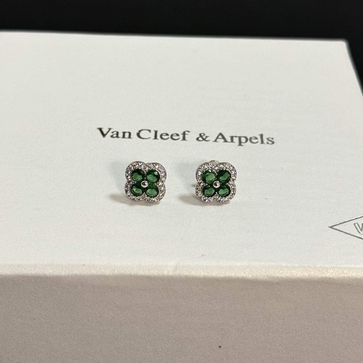 Van Cleef Arpels Alhambra earrings white gold metal with green gemstones and white diamond accents 8mm stud diameter