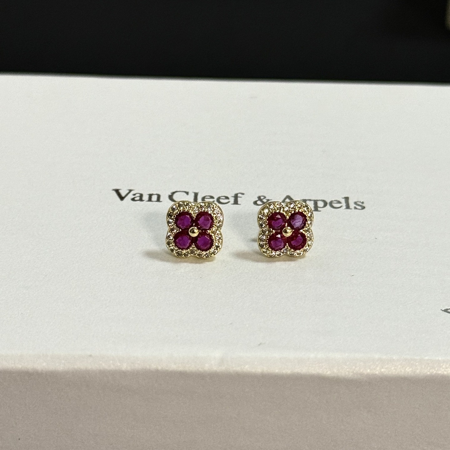 Van Cleef Arpels Alhambra earrings yellow gold ruby red diamond white 8mm stud diameter