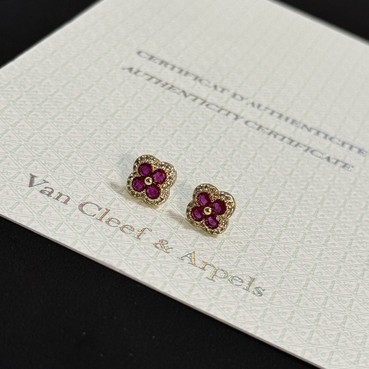 Van Cleef Arpels Alhambra earrings yellow gold ruby red diamond white 8mm stud diameter