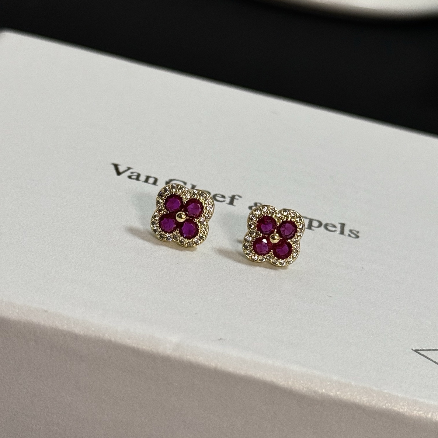 Van Cleef Arpels Alhambra earrings yellow gold ruby red diamond white 8mm stud diameter