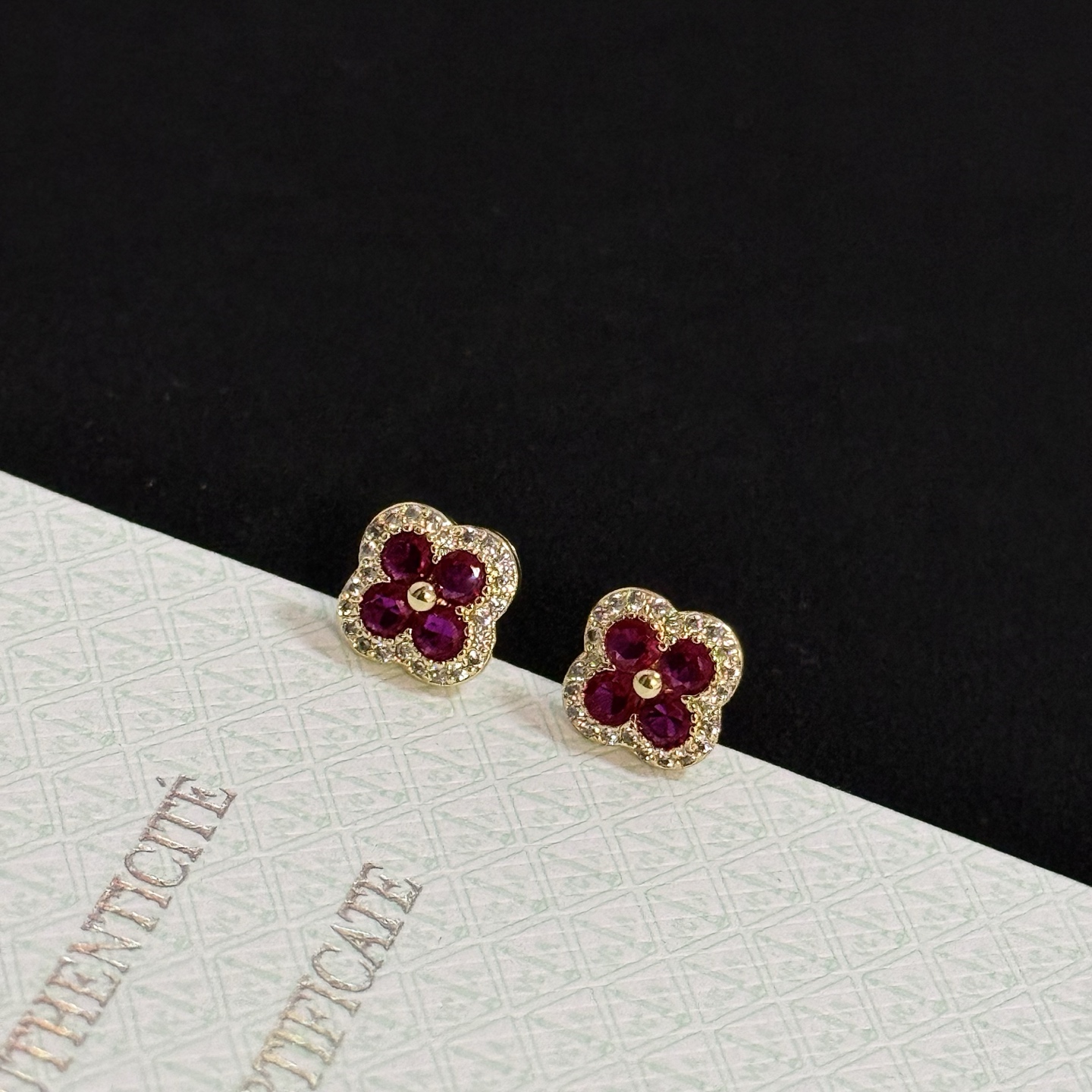Van Cleef Arpels Alhambra earrings yellow gold ruby red diamond white 8mm stud diameter