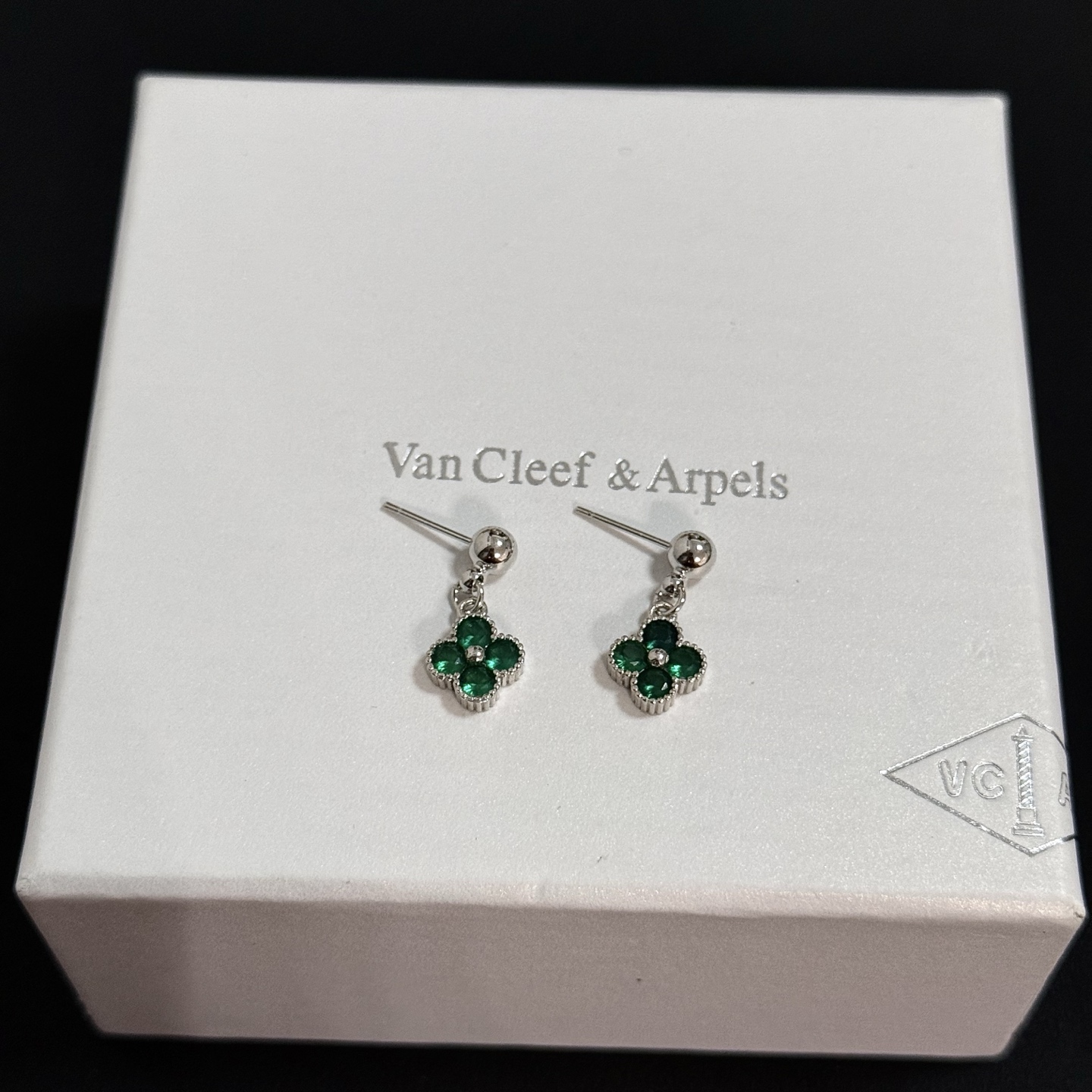Van Cleef Arpels Alhambra earrings Silver-toned metal with emerald green gemstones One size