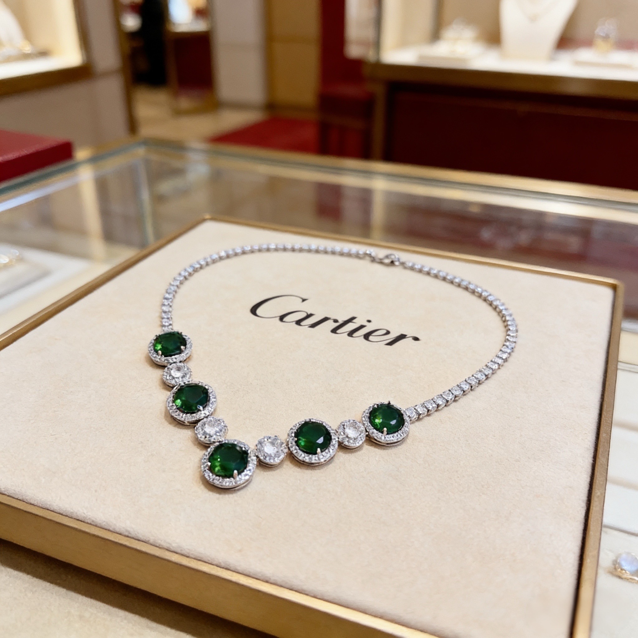 卡地亚祖母绿钻项链 高端定制版本 镶嵌钻工艺 V金材质 经典而时尚风格 用凌厉线条重构爱情美学！打破常规