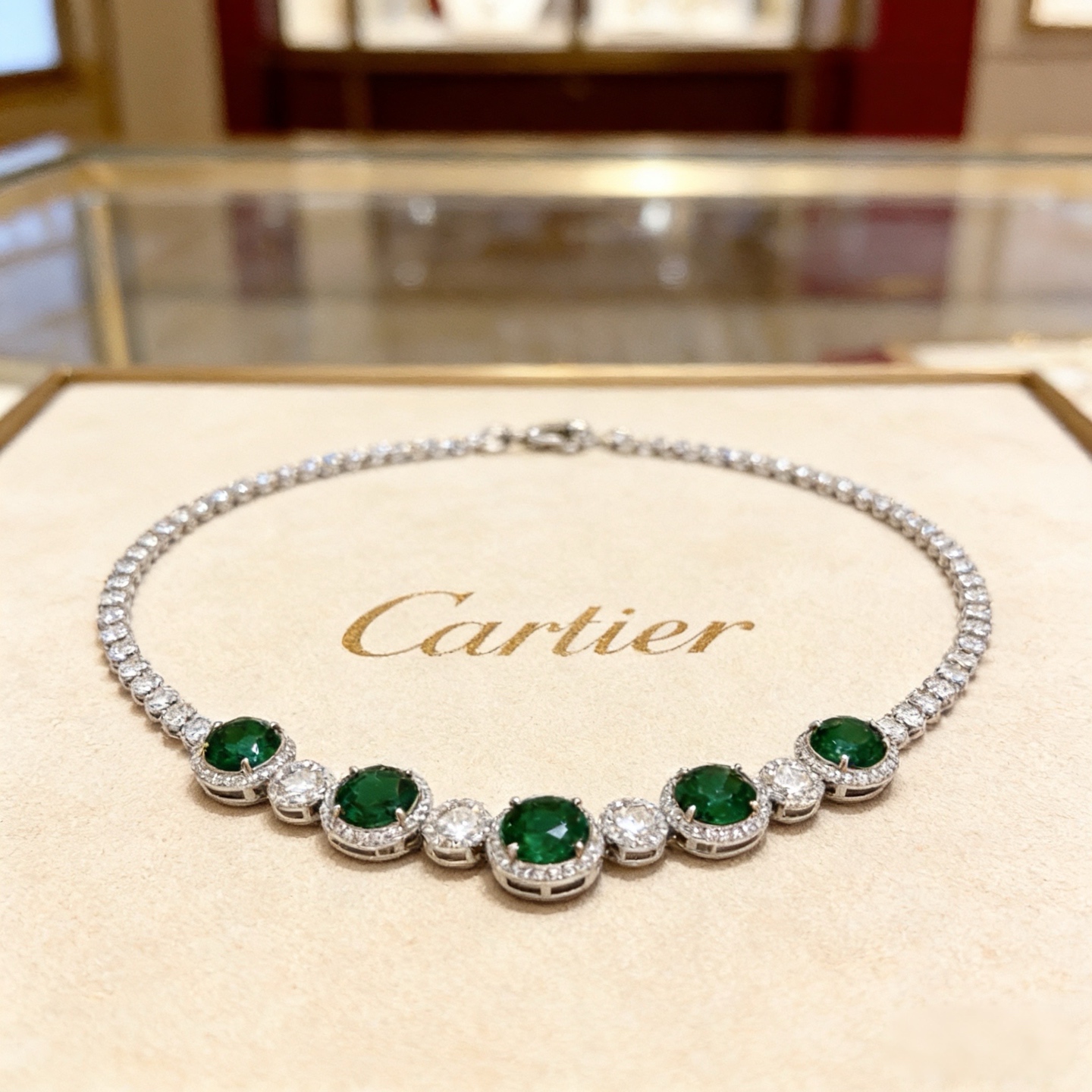 卡地亚祖母绿钻项链 高端定制版本 镶嵌钻工艺 V金材质 经典而时尚风格 用凌厉线条重构爱情美学！打破常规