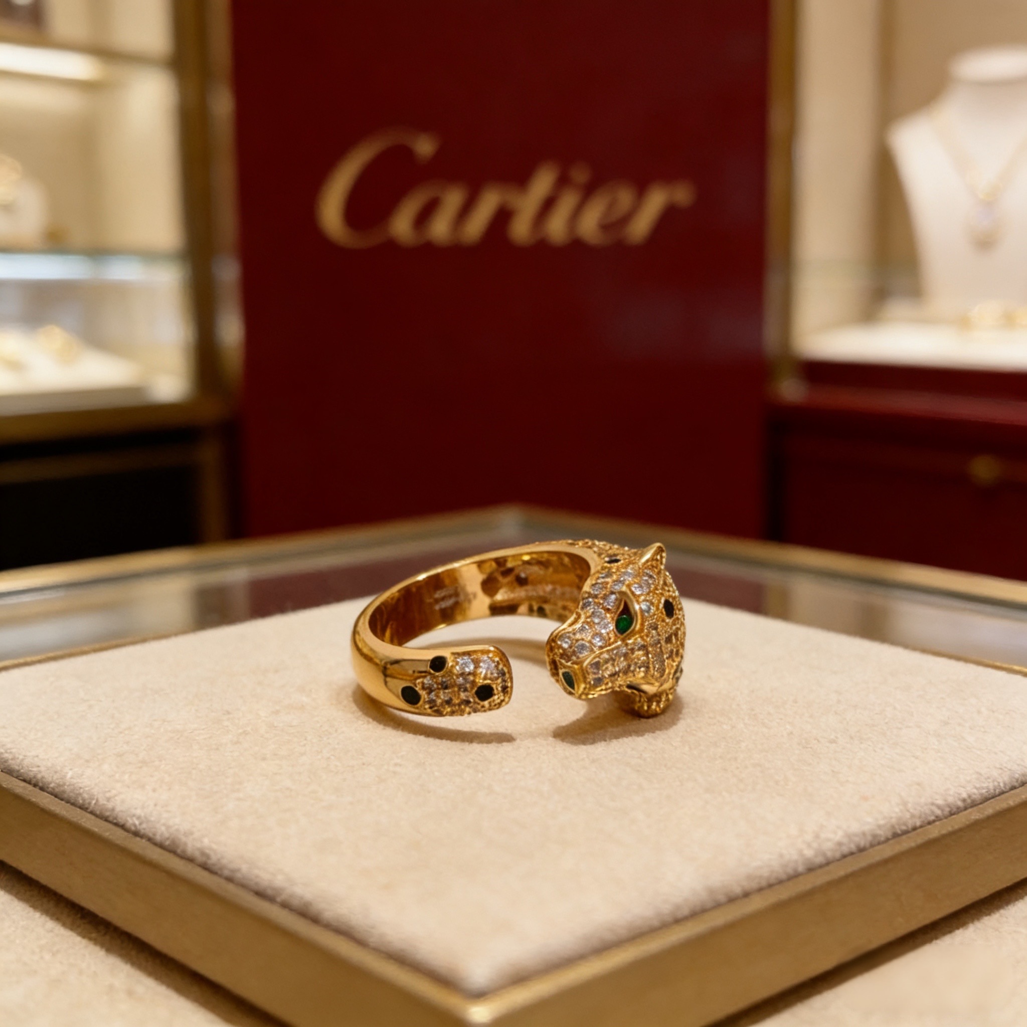 卡地亚镶钻豹头戒指 高端定制版本 镶嵌钻工艺 V金材质 经典而时尚风格 用凌厉线条重构爱情美学！打破常规