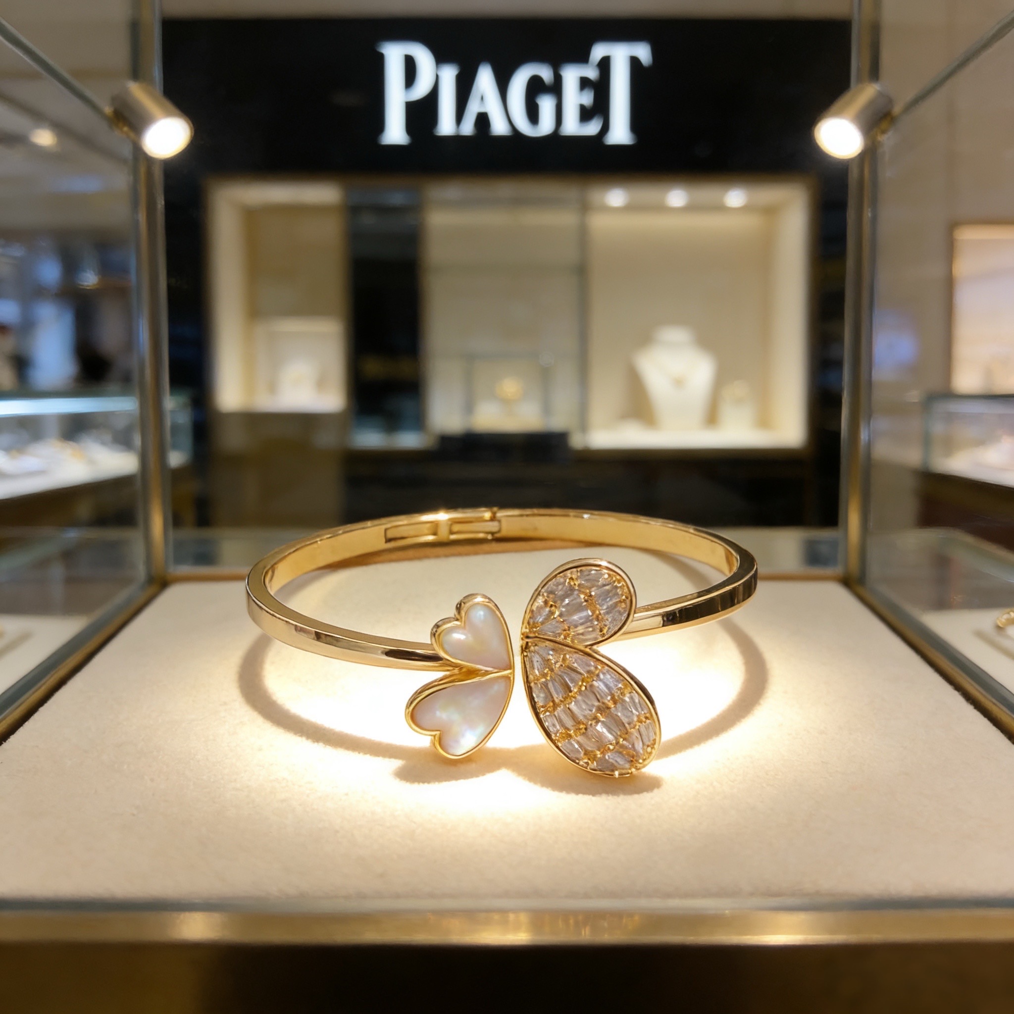 Piaget伯爵手镯 高端定制版本 镶嵌钻工艺 ，V金材质 ，细节处尽显奢华。金属质感与纹理相互映衬，光
