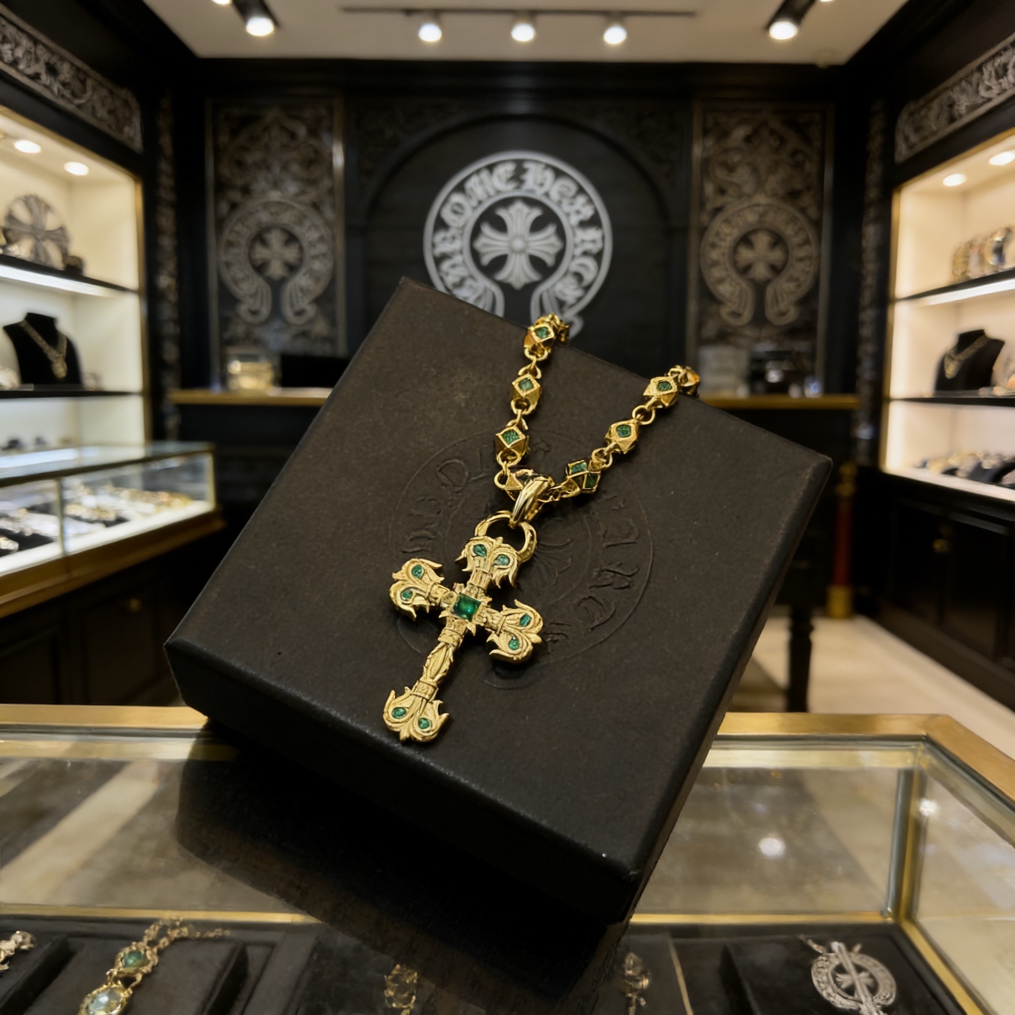 新款【专柜品质】Chrome Hearts克罗心绿钻项链 绿钻火焰十字架吊坠 凹凸造型不同的花纹设计风格