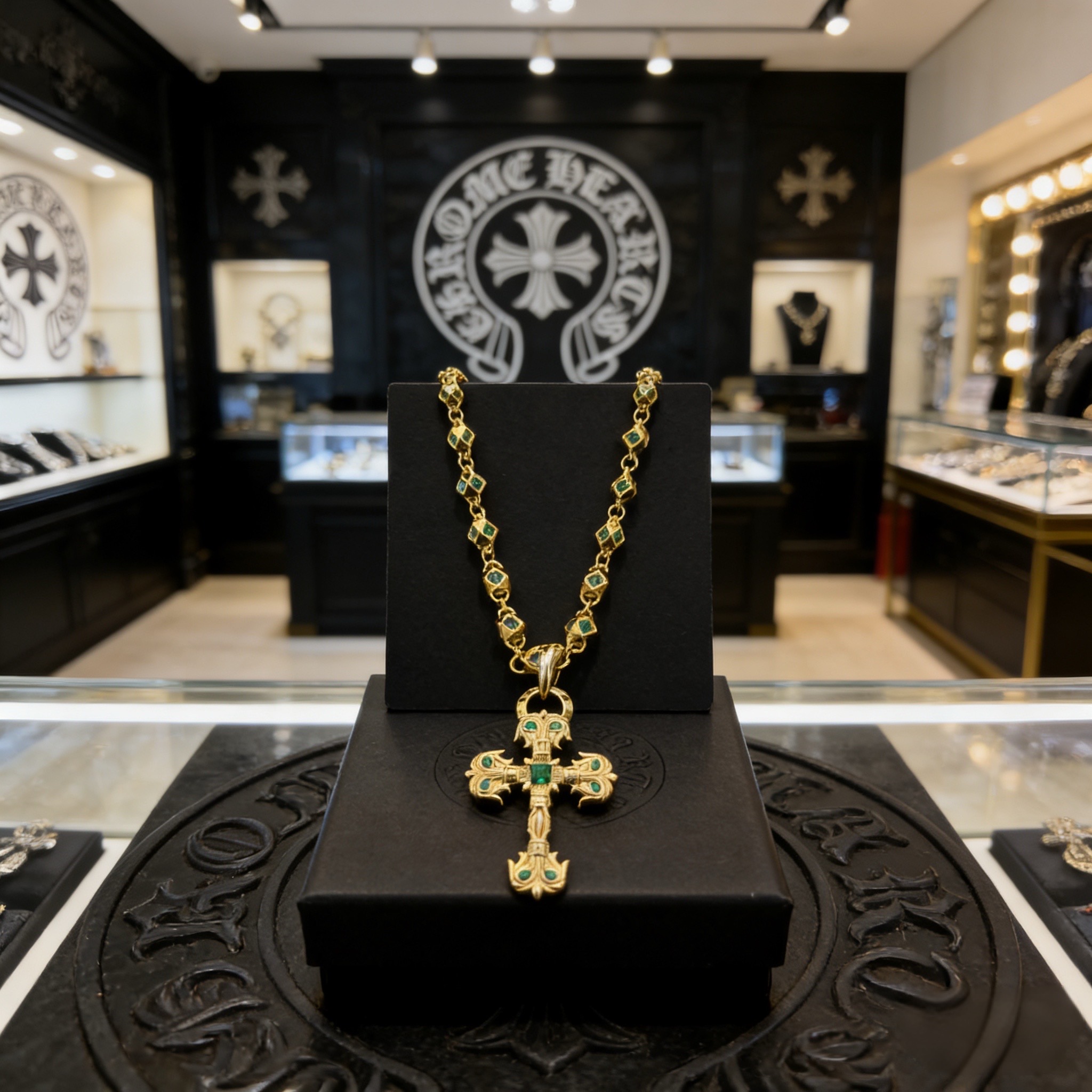 新款【专柜品质】Chrome Hearts克罗心绿钻项链 绿钻火焰十字架吊坠 凹凸造型不同的花纹设计风格
