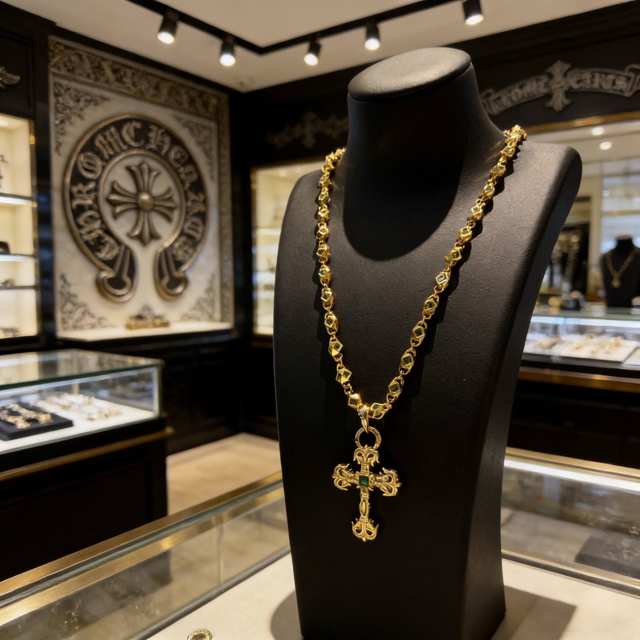 新款【专柜品质】Chrome Hearts克罗心绿钻项链 绿钻火焰十字架吊坠 凹凸造型不同的花纹设计风格