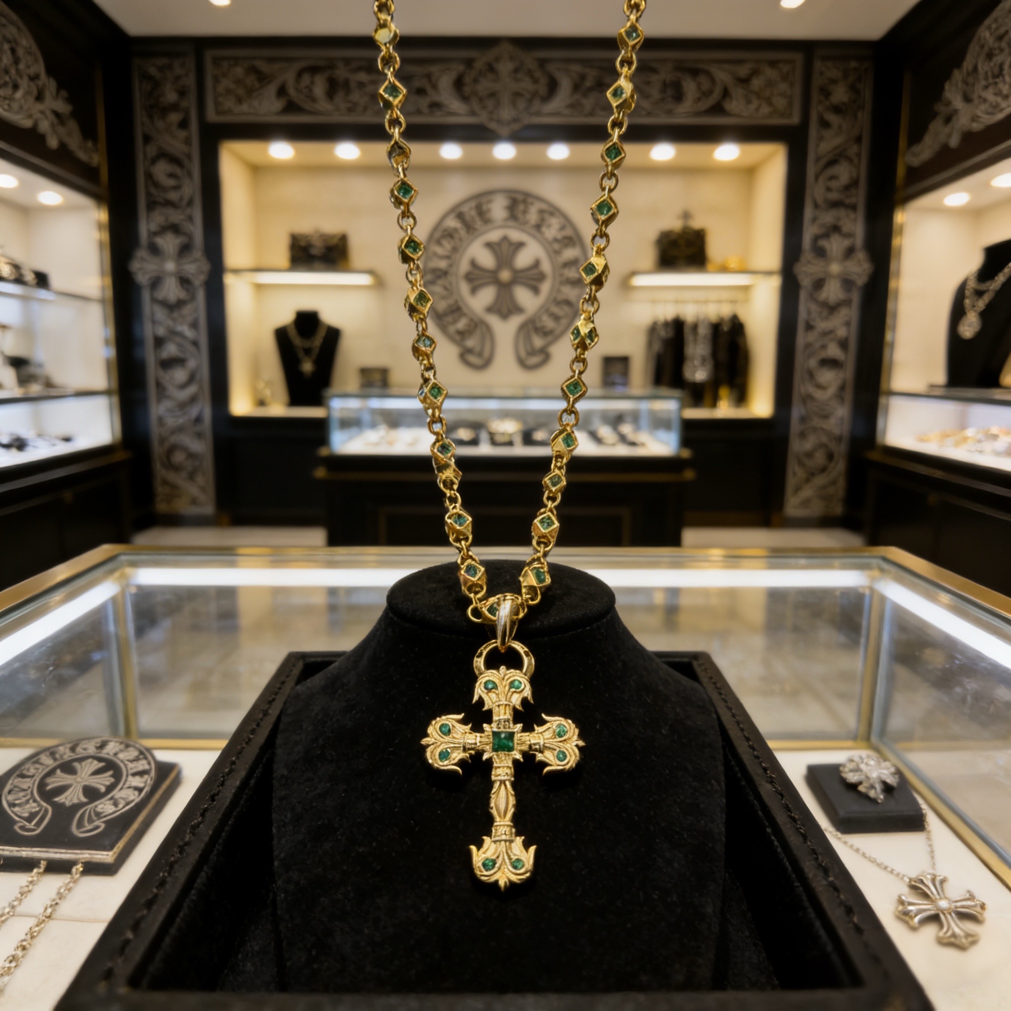 新款【专柜品质】Chrome Hearts克罗心绿钻项链 绿钻火焰十字架吊坠 凹凸造型不同的花纹设计风格