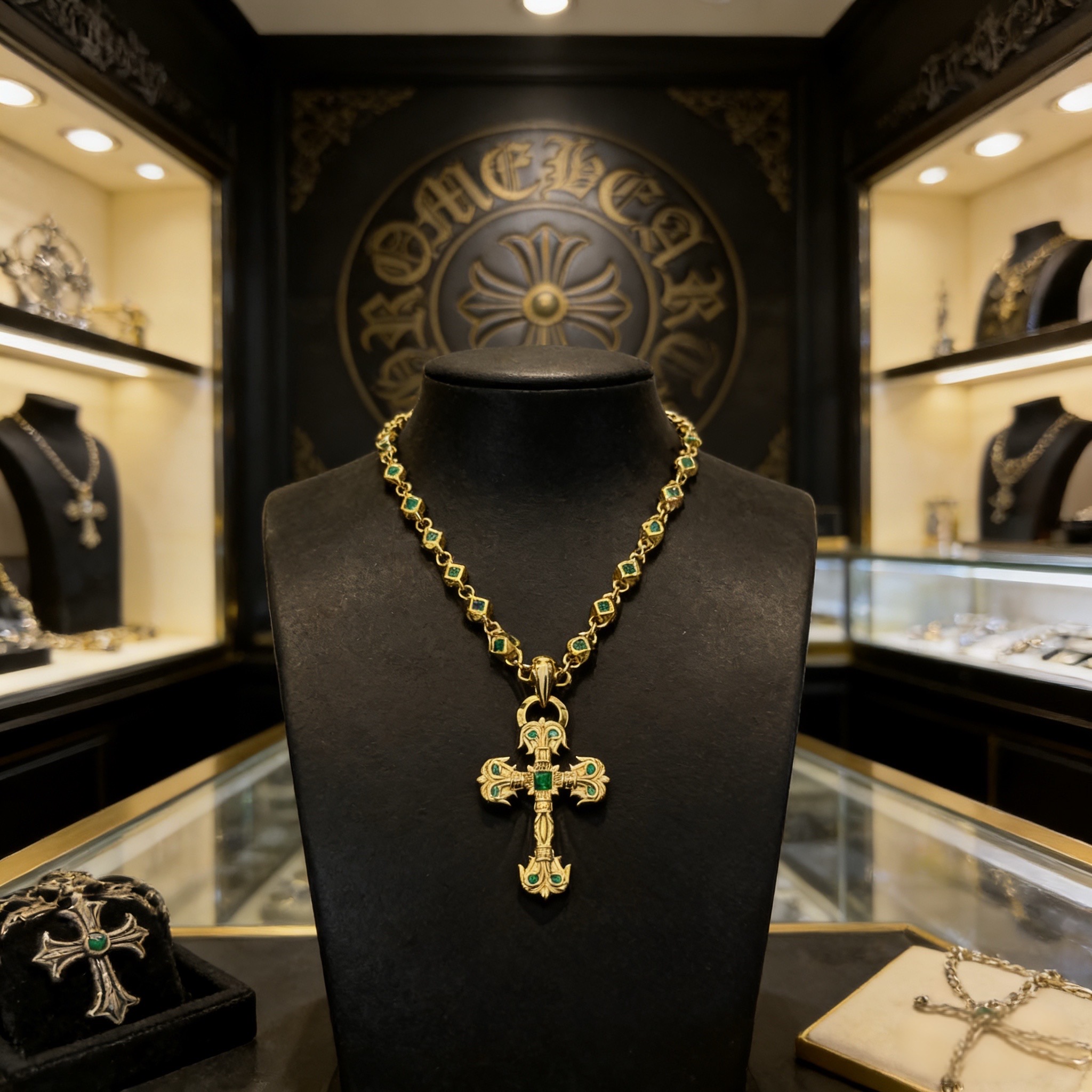 新款【专柜品质】Chrome Hearts克罗心绿钻项链 绿钻火焰十字架吊坠 凹凸造型不同的花纹设计风格