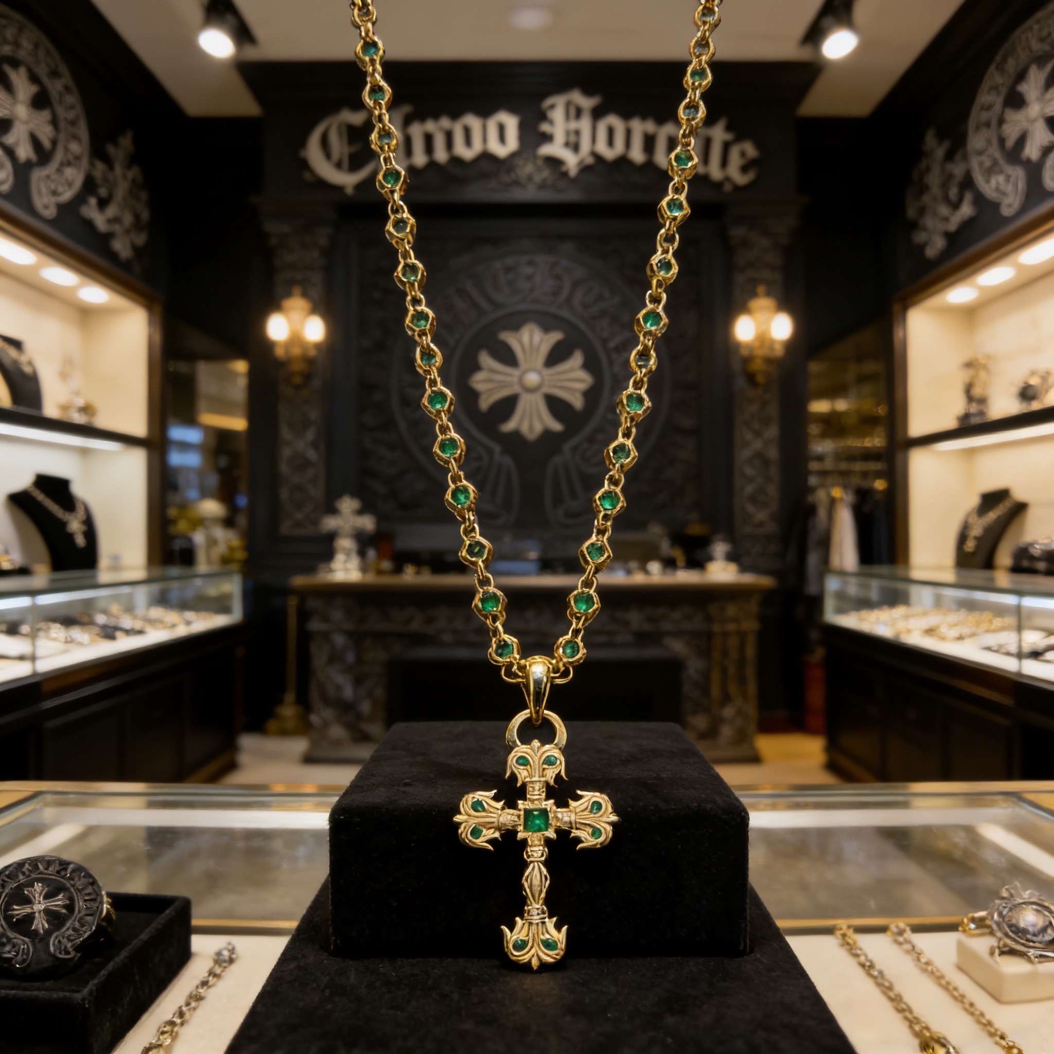 新款【专柜品质】Chrome Hearts克罗心绿钻项链 绿钻火焰十字架吊坠 凹凸造型不同的花纹设计风格