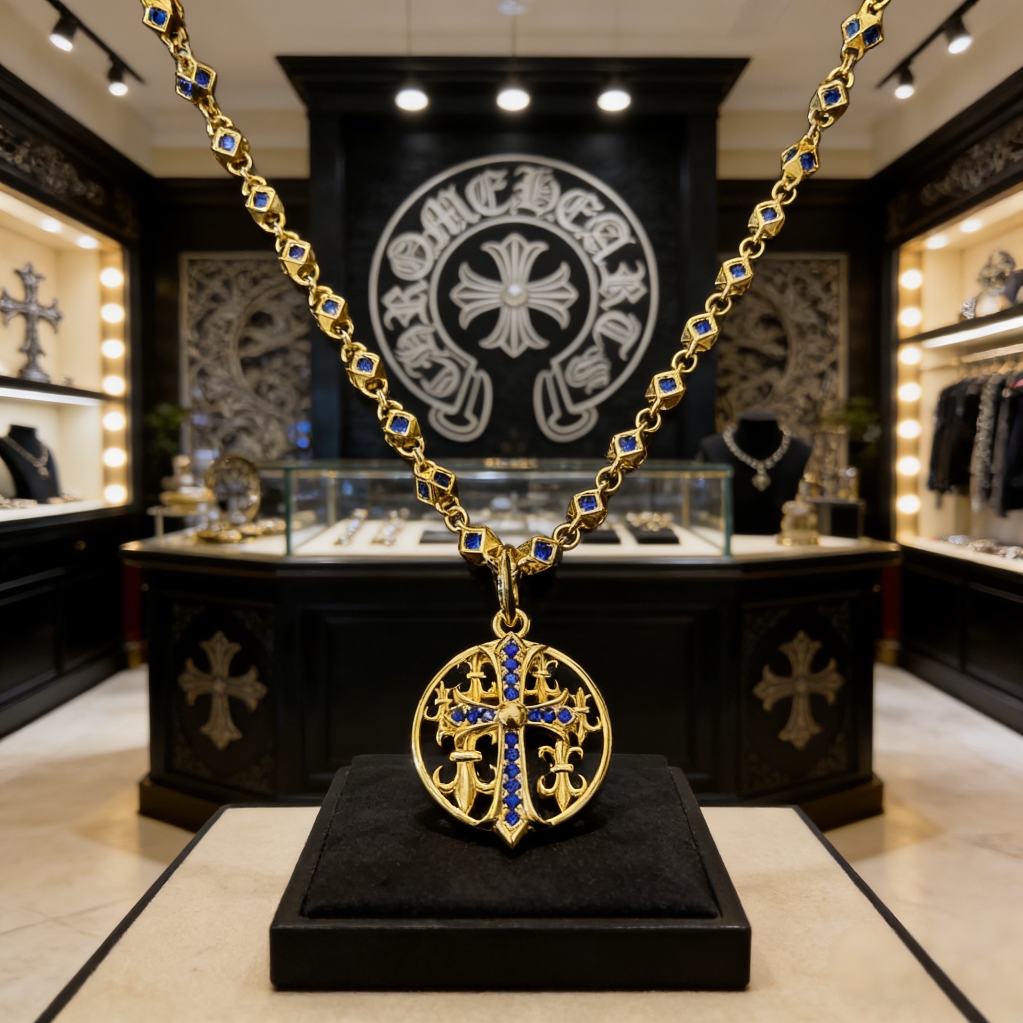 新款【专柜品质】Chrome Hearts克罗心蓝钻项链 蓝钻圆牌十字架吊坠 凹凸造型不同的花纹设计风格