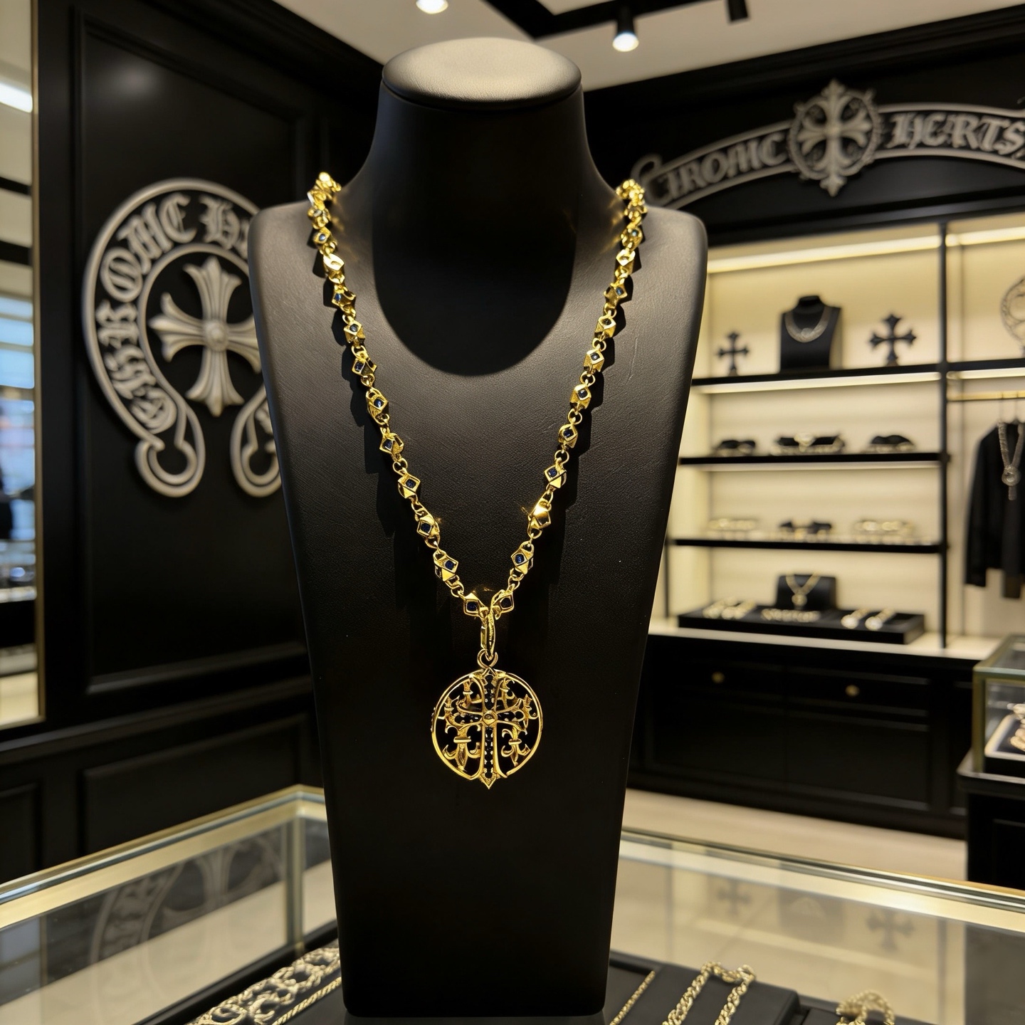 新款【专柜品质】Chrome Hearts克罗心蓝钻项链 蓝钻圆牌十字架吊坠 凹凸造型不同的花纹设计风格