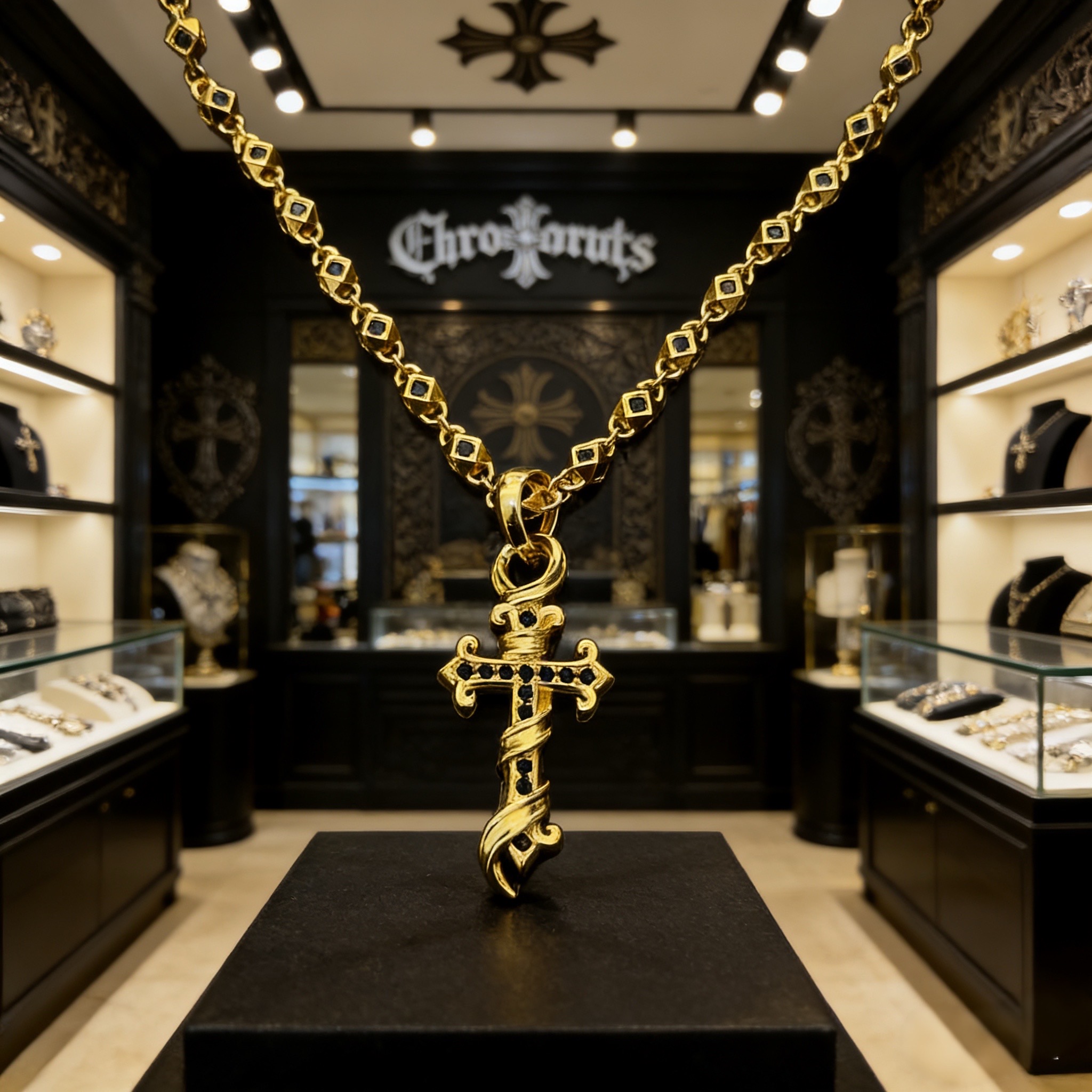 新款【专柜品质】Chrome Hearts克罗心黑钻项链 蓝钻十字架吊坠 凹凸造型不同的花纹设计风格 呈