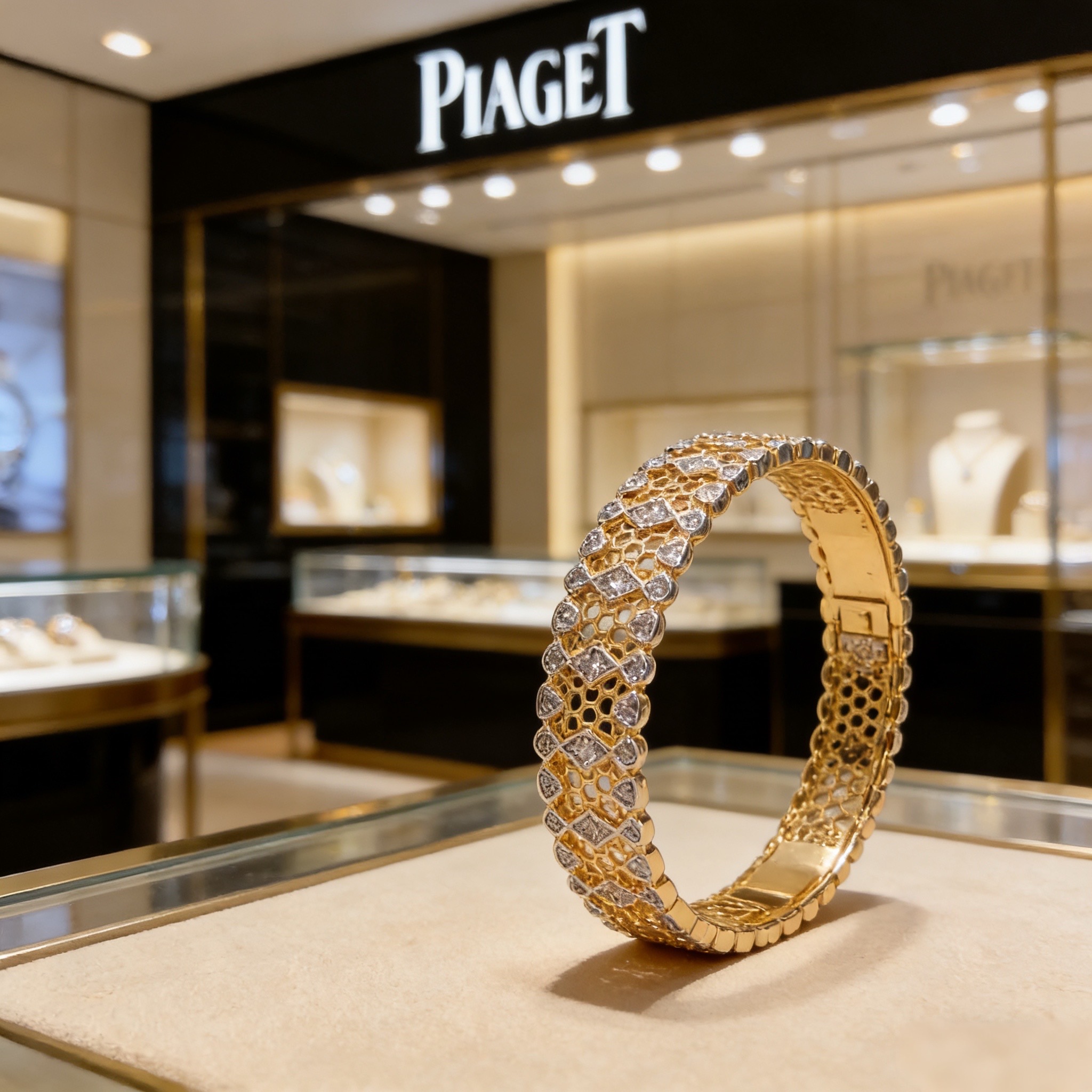 Piaget伯爵手镯 高端定制版本 镶嵌钻工艺 ，V金材质 ，细节处尽显奢华。金属质感与纹理相互映衬，光
