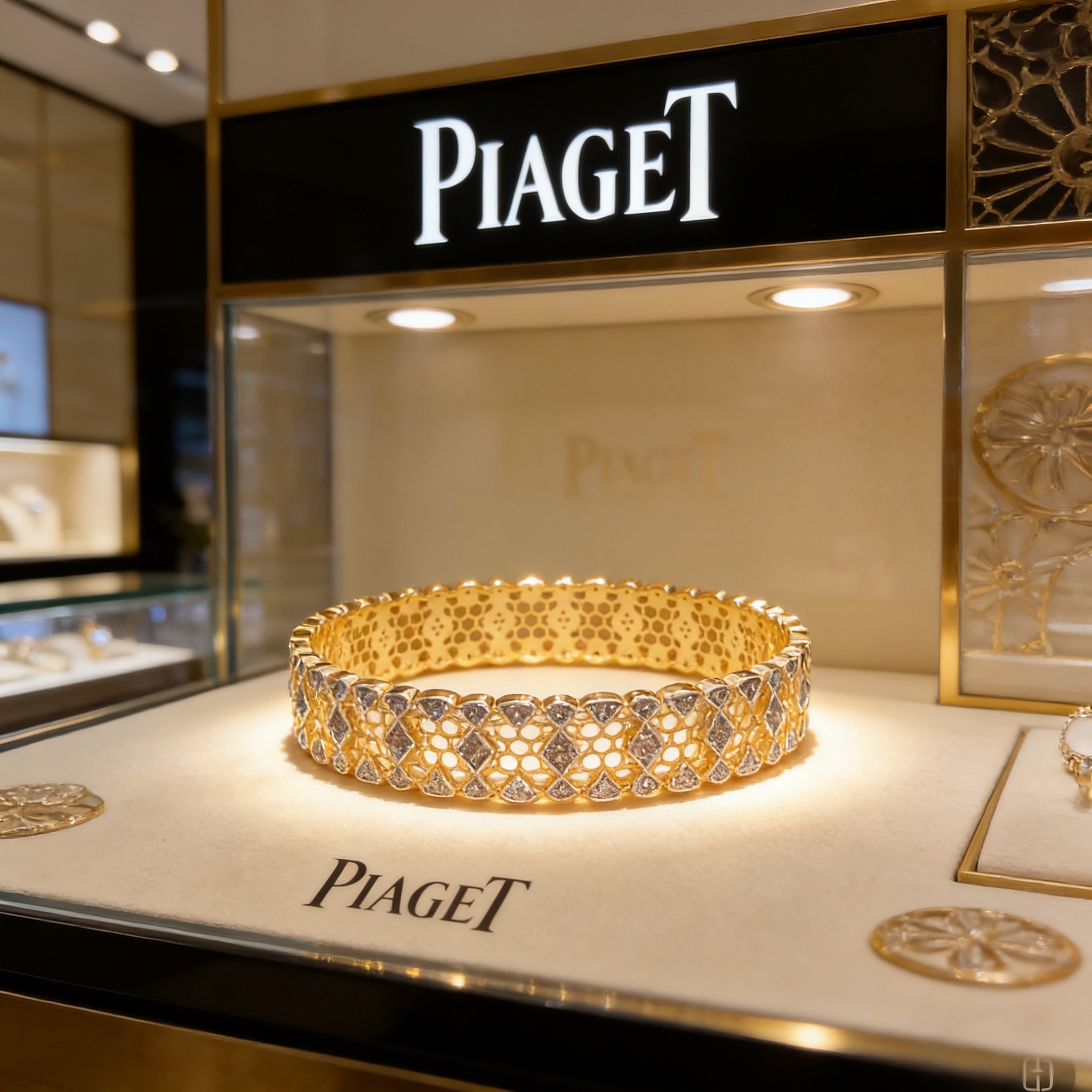 Piaget伯爵手镯 高端定制版本 镶嵌钻工艺 ，V金材质 ，细节处尽显奢华。金属质感与纹理相互映衬，光