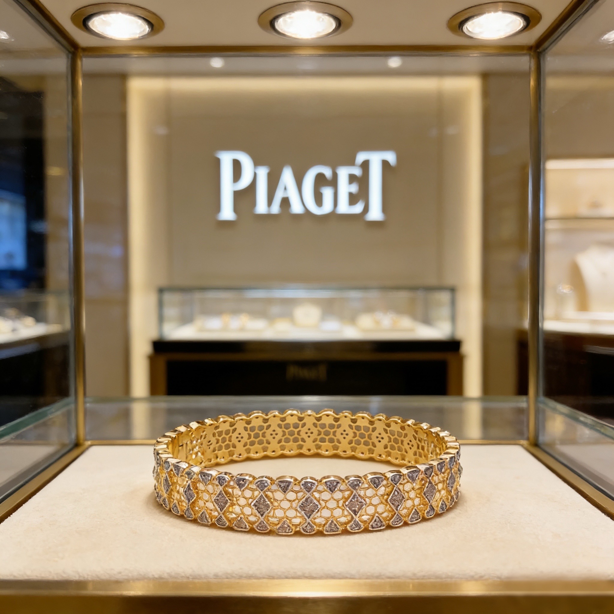 Piaget伯爵手镯 高端定制版本 镶嵌钻工艺 ，V金材质 ，细节处尽显奢华。金属质感与纹理相互映衬，光