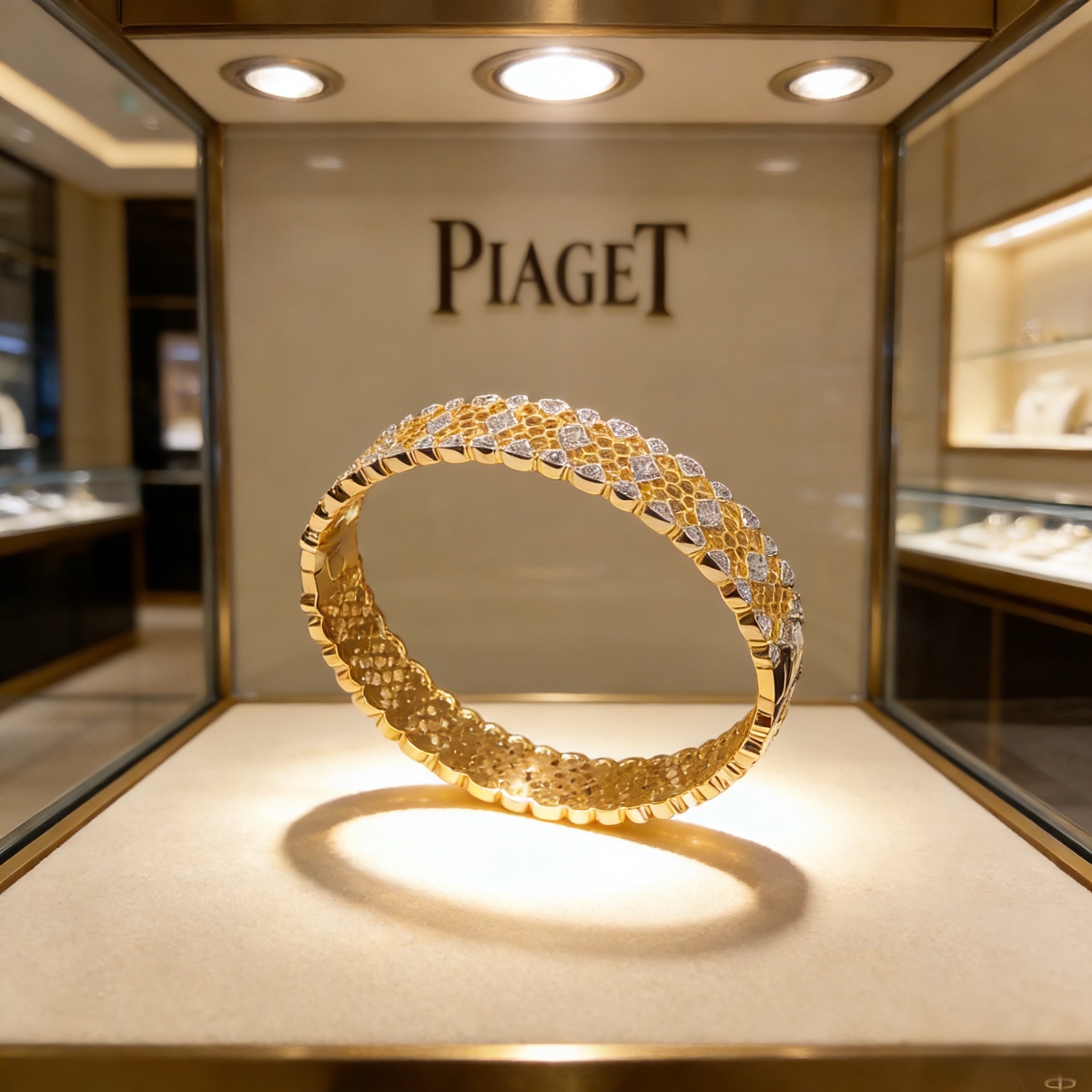 Piaget伯爵手镯 高端定制版本 镶嵌钻工艺 ，V金材质 ，细节处尽显奢华。金属质感与纹理相互映衬，光