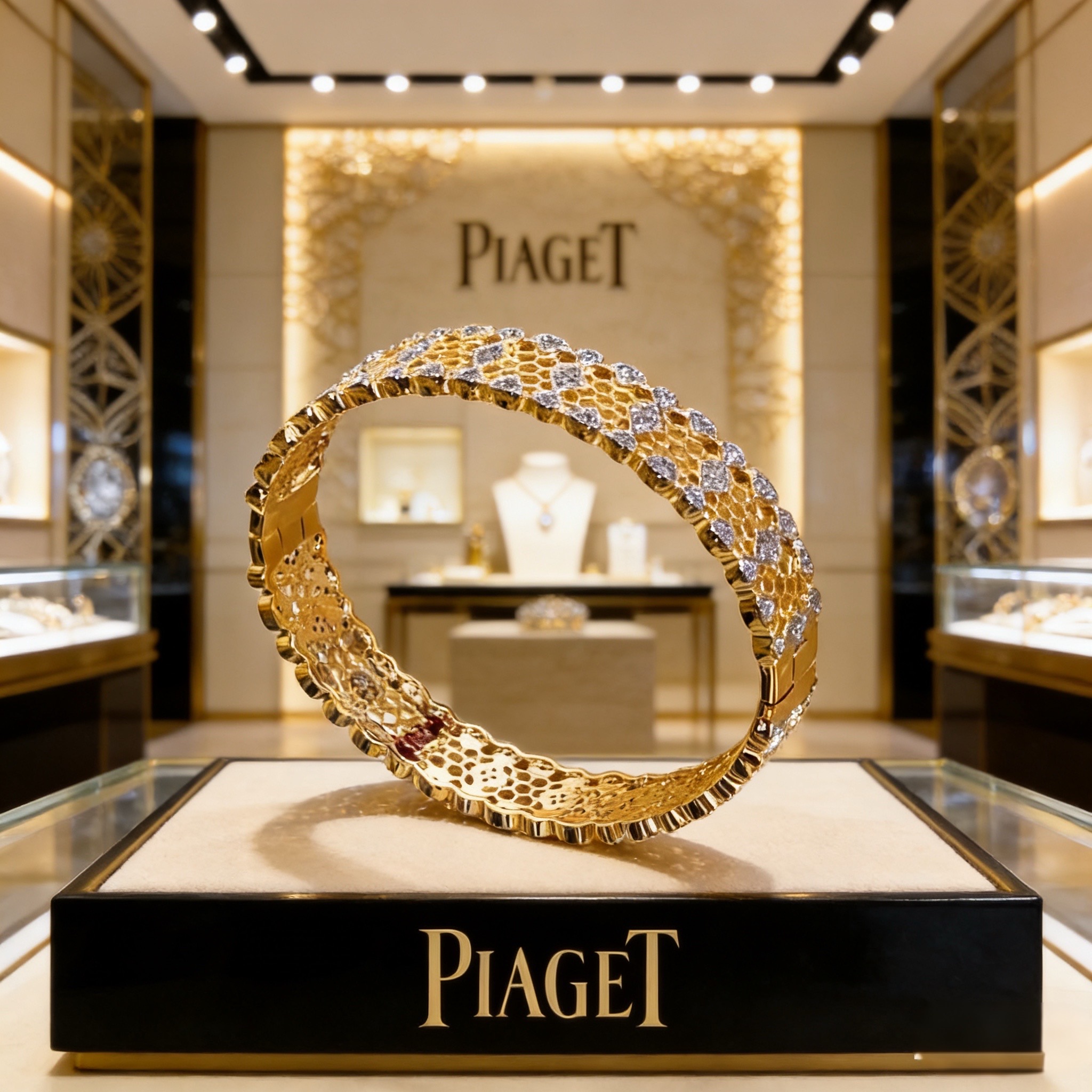 Piaget伯爵手镯 高端定制版本 镶嵌钻工艺 ，V金材质 ，细节处尽显奢华。金属质感与纹理相互映衬，光